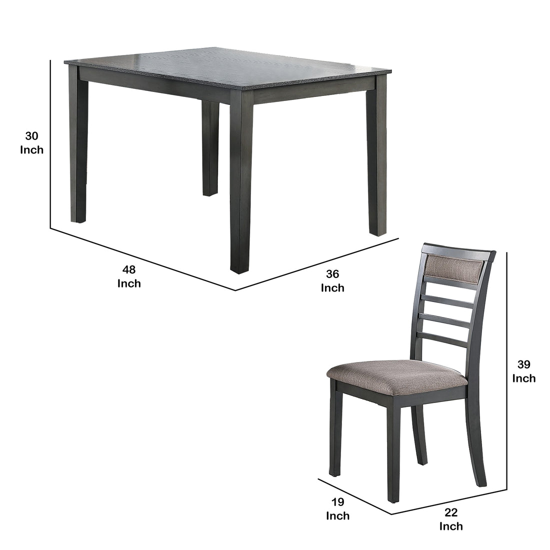 5 Piece Wooden Dining Table And Horizontal Slatted Back Chairs,Antique Gray Gray Wood