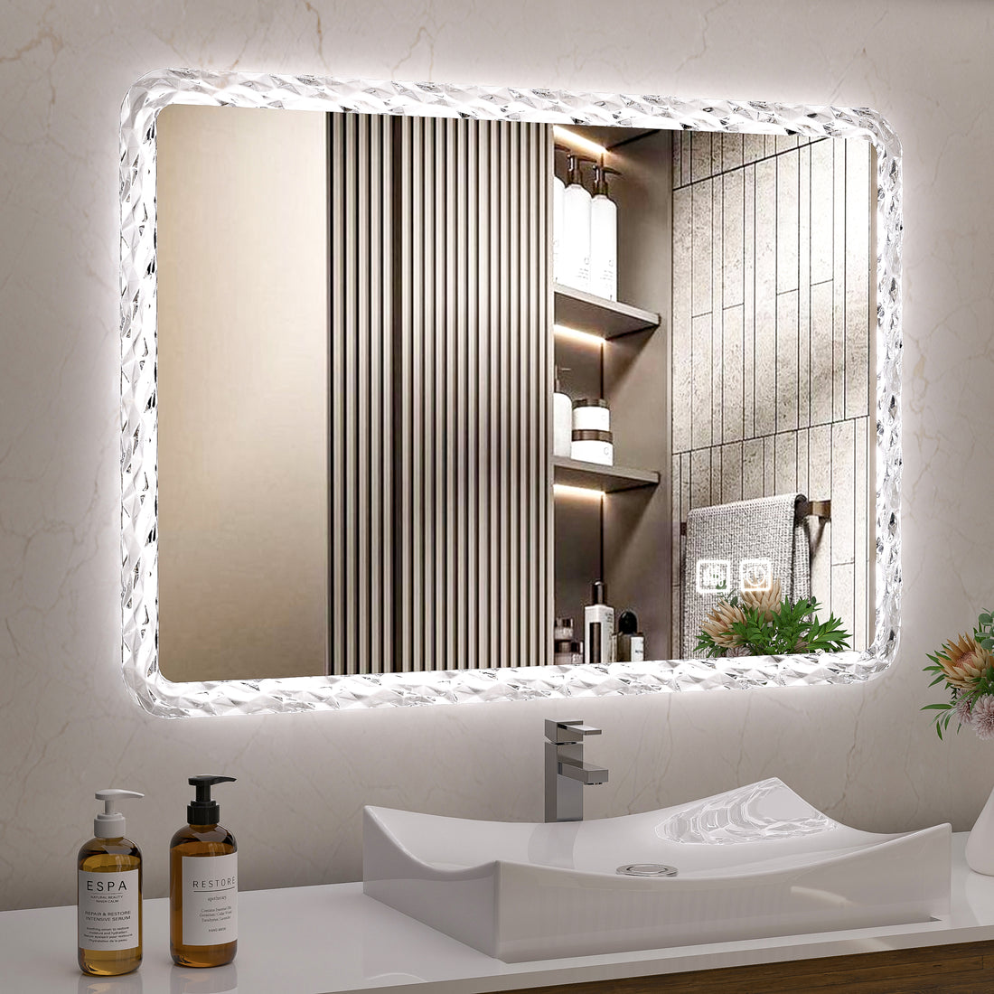 38.5X25 Inches Bathroom Mirror With Led Lights, Smart Mirror With Anti Fog And Adjustable Brightness Function, Wall Mount Makeup Mirror With Crystal Acrylic Frame Transparent Glass Acrylic