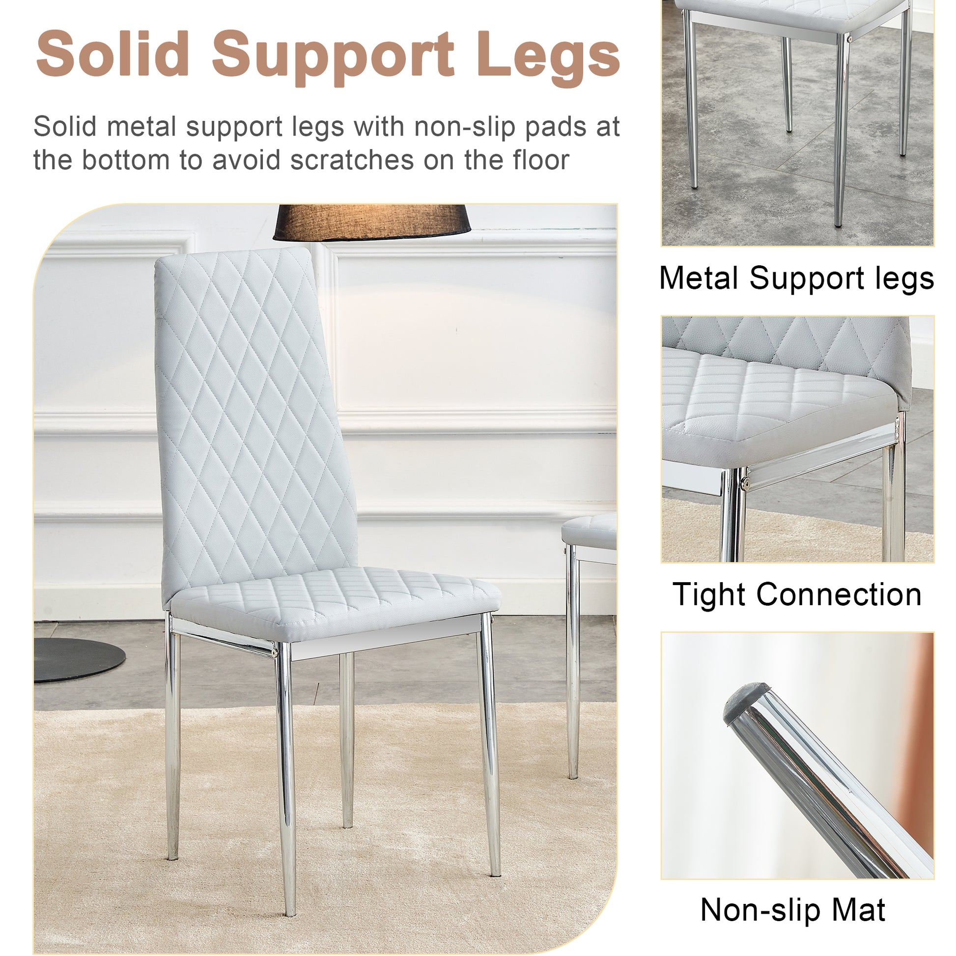 Table And Chair Set.Large Modern Rectangular Table With Brown Glass Top And Silver Metal Legs. Paired With 4 Light Gray Chairs With Checkered Armless High Back Pu Cushion And Silver Metal Legs. Light Gray,Silver Seats 4 Glass Metal