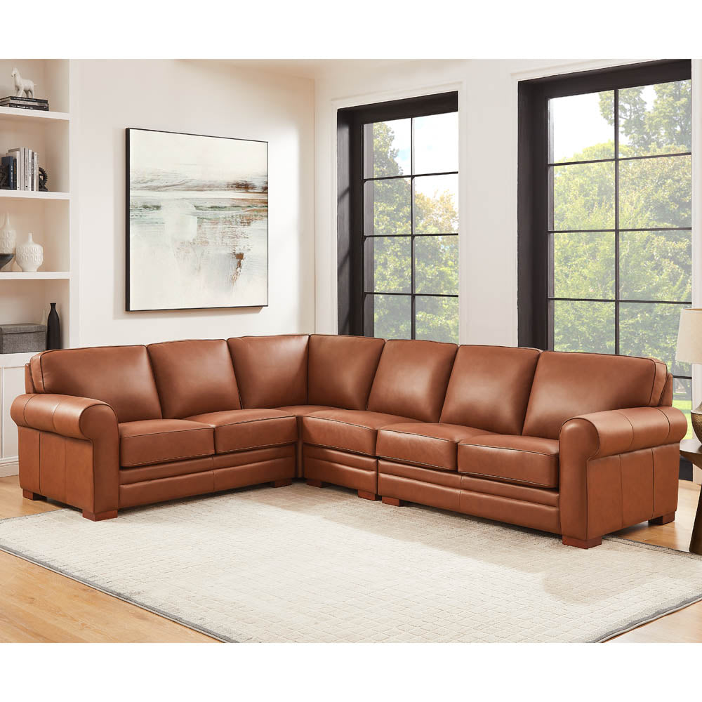 Brookfield Leather L Shaped Convertible Sectional Brown Genuine Leather Primary Living Space Medium Firm Cushion Back Mid Century Modern L Shaped Eucalyptus Rolled Arms Down Filling Leather 6 Seat