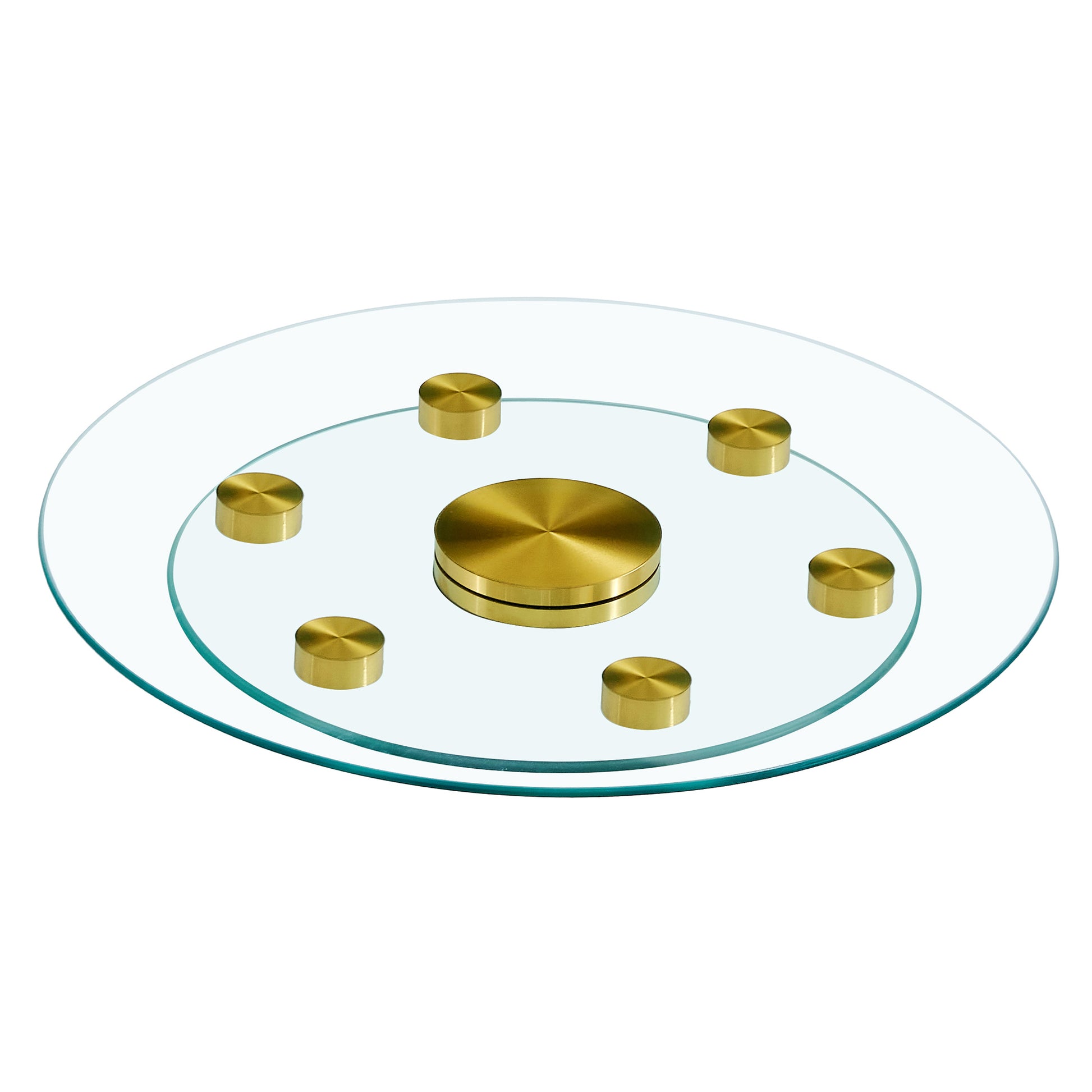 Double Layer Rotatable Round Glass.Golden Aluminum Plate,The Rotatable Design Makes It Convenient To Retrieve And Place Items.The Upper Glass Has A Diameter Of 20 Inches,The Lower Glass15 Inches.