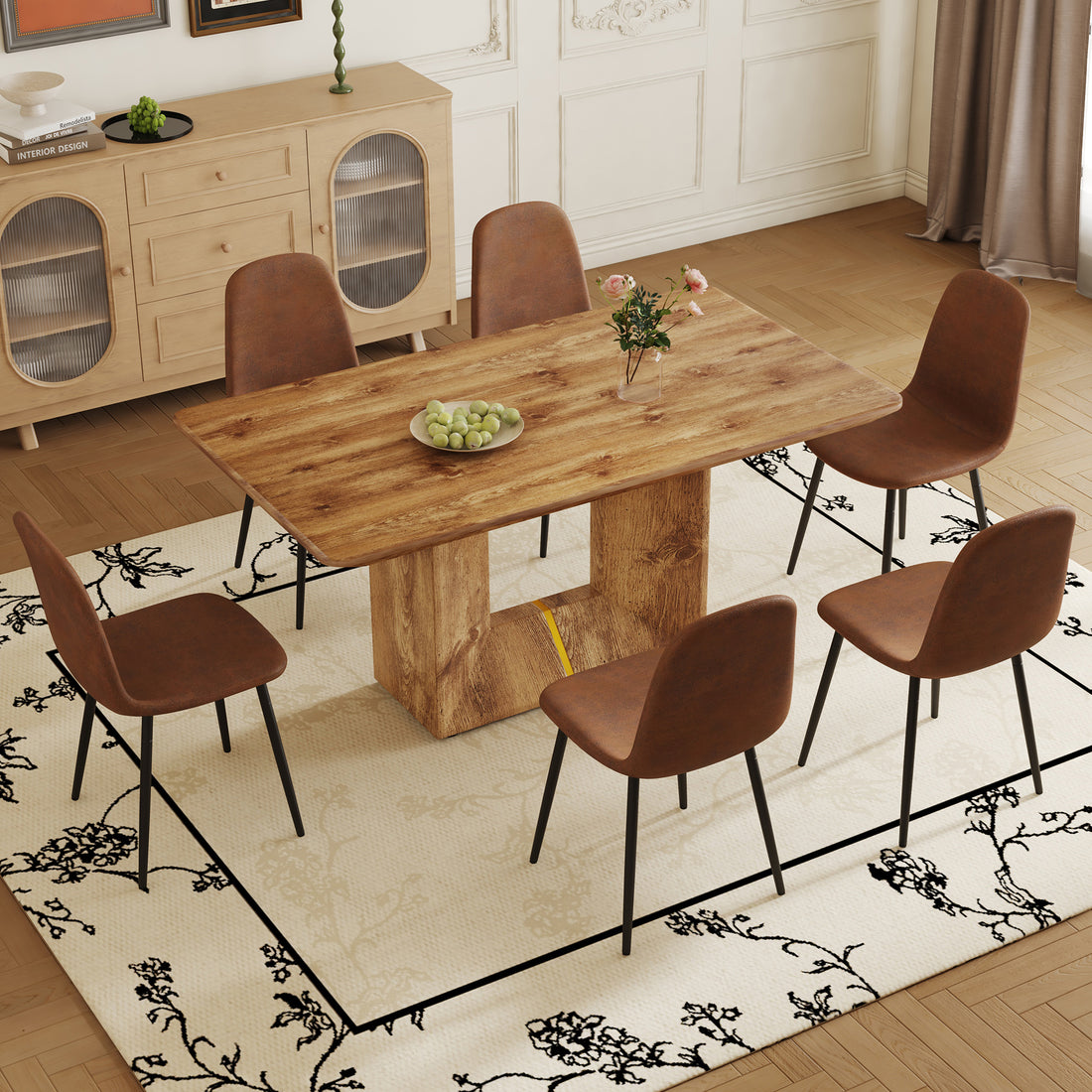 Table And Chair Set. Modern Dining Table With Mdf Top And Beautiful Mdf Legs. Comes With Brown Comfortable Chair With Seat And Metal Legs. Suitable For A Wide Range Of Decorative Styles. Brown,Wood Seats 6 Mdf