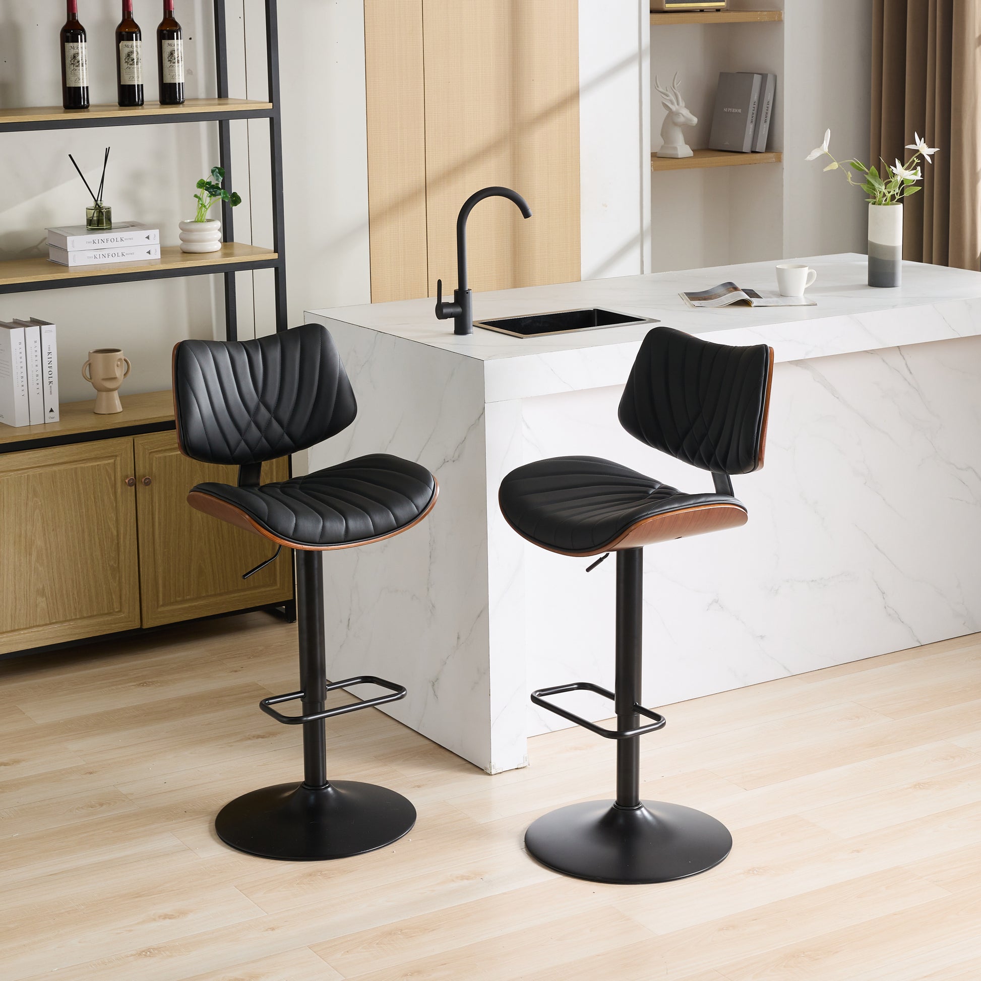 Walnut Bentwood Bar Stools Mid Century Modern Adjustable Counter Height Black Leather Upholstered 360 Swivel Bar Chairs For Kitchen Island Dining Room Cafe, 1 Chair 1Carton,Black Black Pu American Design 1 Foam Pu Leather