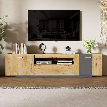 70'' Modern Tv Stand With 3 Cabinets& Drawer, Entertainment Center For Tvs Up To 80'', Color Matching Television Console For Living Room, Bedroom, Home Theatre Grey,Natural Wood Brown Primary Living Space 70 79 Inches 70 79 Inches 70 Inches Particle