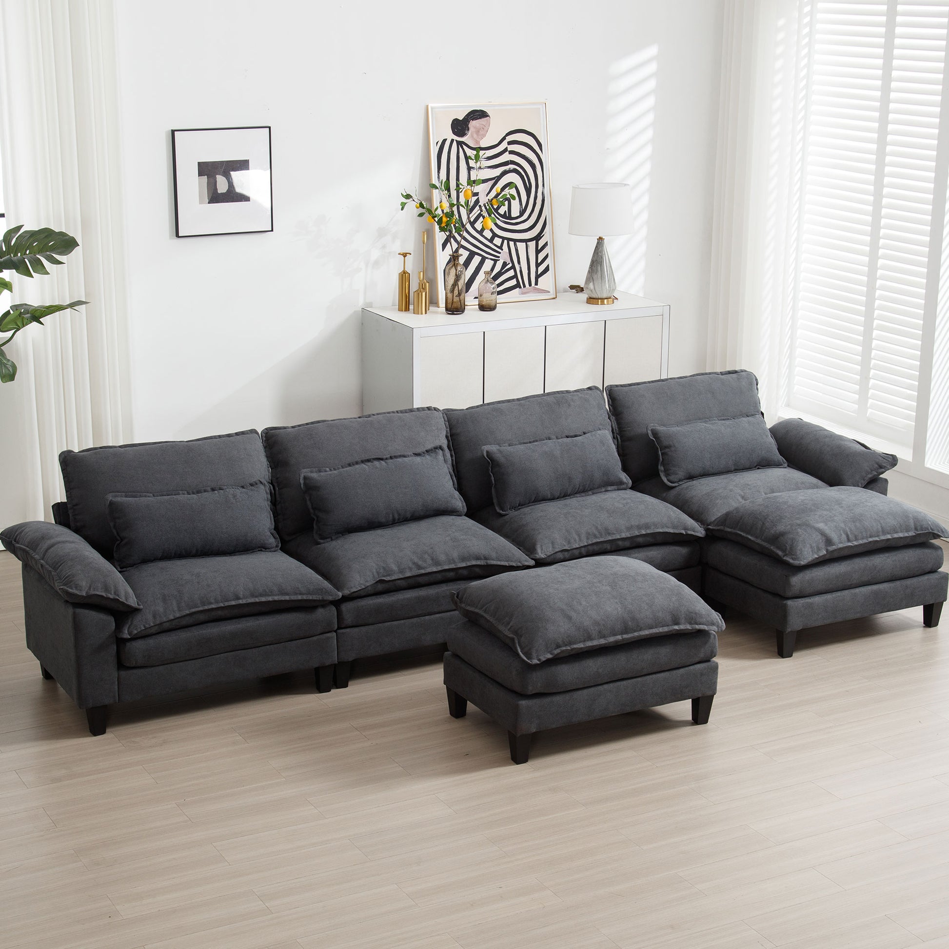 154.8" Oversized Modular Sofaice Velvet Large U Shaped Couch Comfy Upholstered 4 Seat Sofa With 2 Ottoman, 4 Lumbar Pillow, Deep Seat Couch For Living Room Dark Gray Primary Living Space Modern Foam Polyester 6 Seat