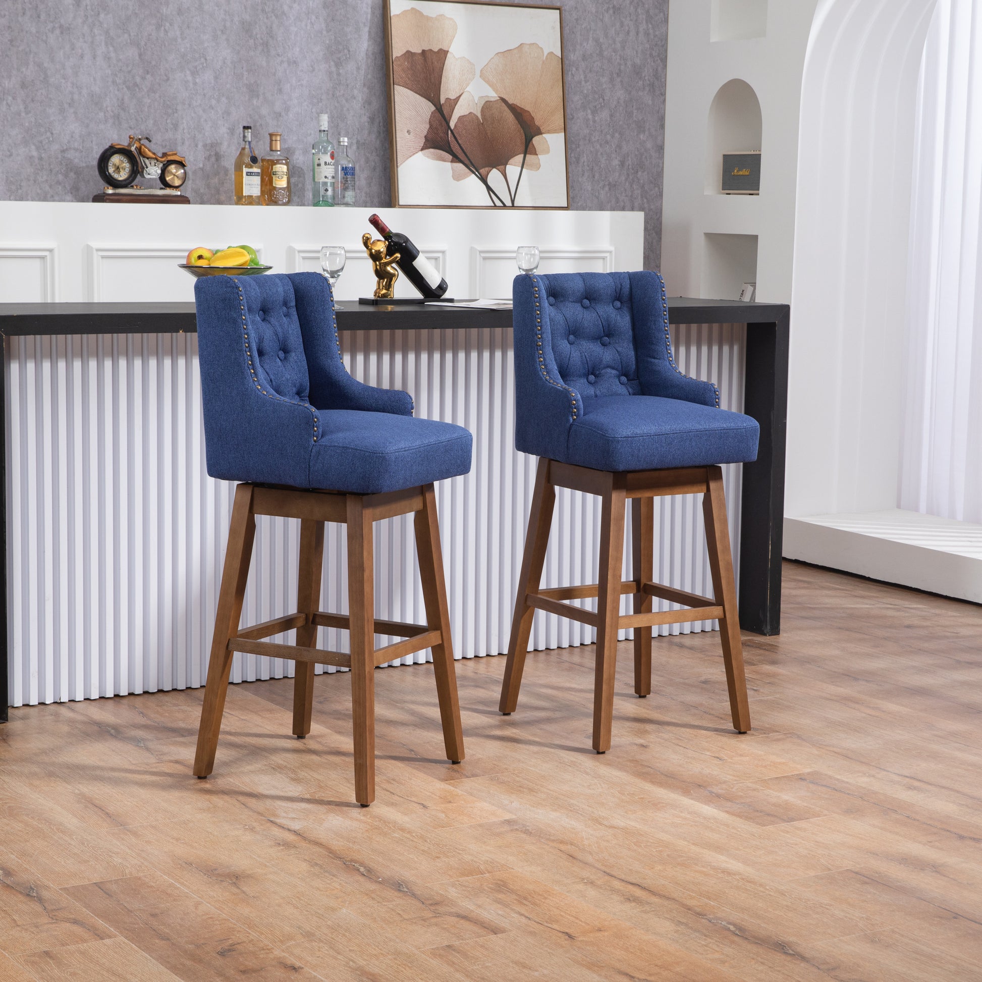 Coolmore Bar Stools Set Of 2 Counter Height Chairs With Footrest For Kitchen, Dining Room And 360 Degree Solid Wood Legs Swivel Bar Stools Set Of 2 Navy Linen Navy Foam Linen
