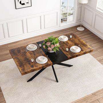 55.11" 70.86"Retro Rectangular Stretch Dining Table, Antique Wood Top And Black Relief Plate, Black Fine Sand Cross Iron Foot Base Dining Table, With Storage Box. Black Brown Seats 6 Rectangular Mdf Metal