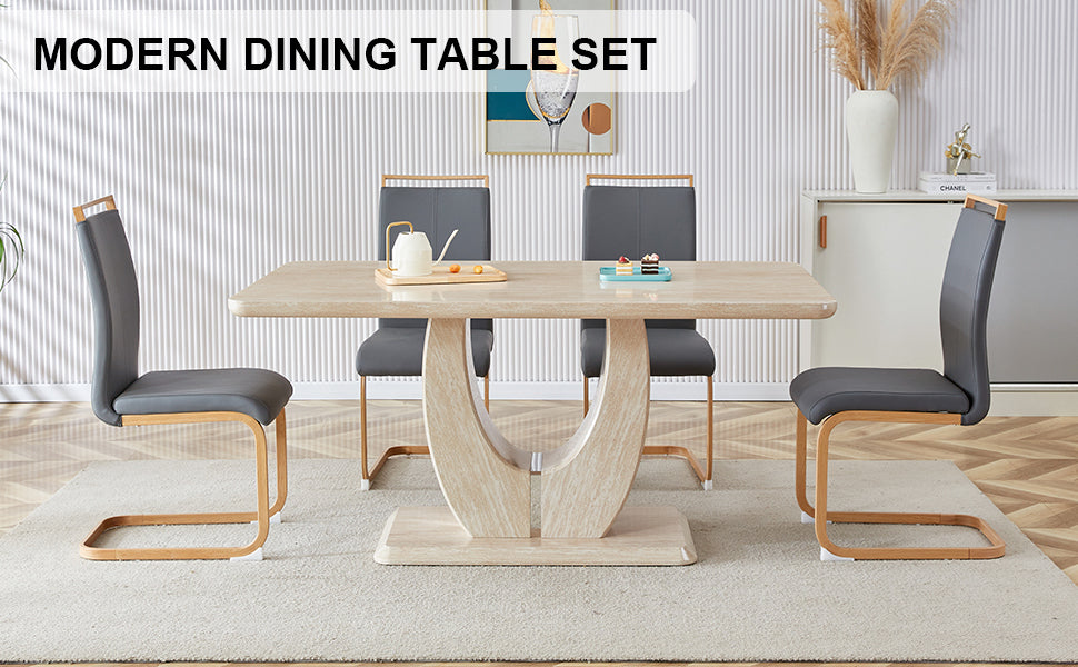 Table And Chair Set. Modern Minimalist Luxury Mdf Rectangular Dining Table With Textured Stickers On The Table And 4 Pu Synthetic Leather High Back Upholstered Side Chairs. Dark Gray Seats 4 Mdf