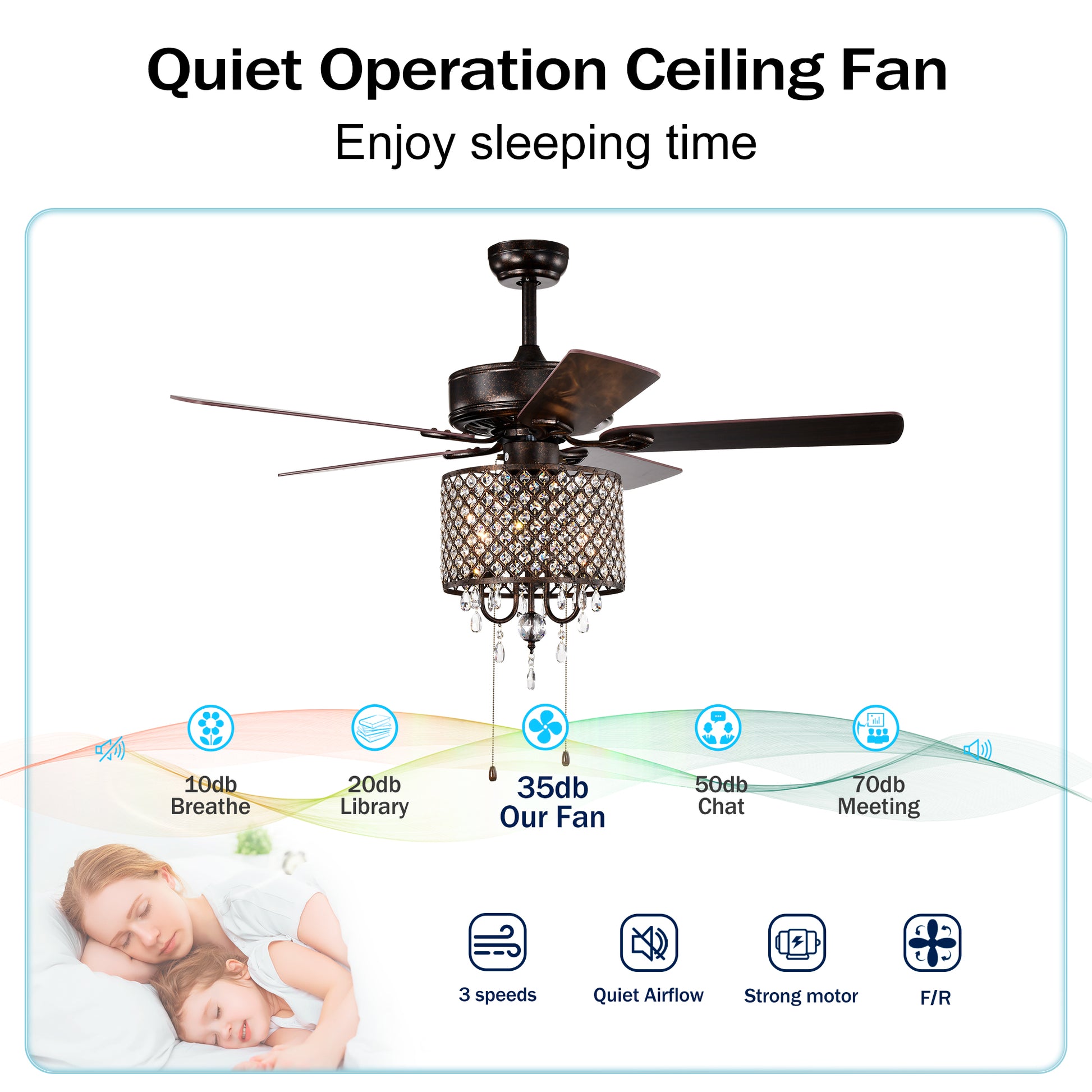 52'' Classical Crystal Ceiling Fan Lamp,3 Speed5 Reversible Blades For Living Room, Dining Room, Bedroom, Family Room, Rustic Bronze ,3Pcs*E12 No Include Bulb Hand Pull Chain Rustic Brown American Traditional,Antique,Classic,Contemporary Crystal Metal