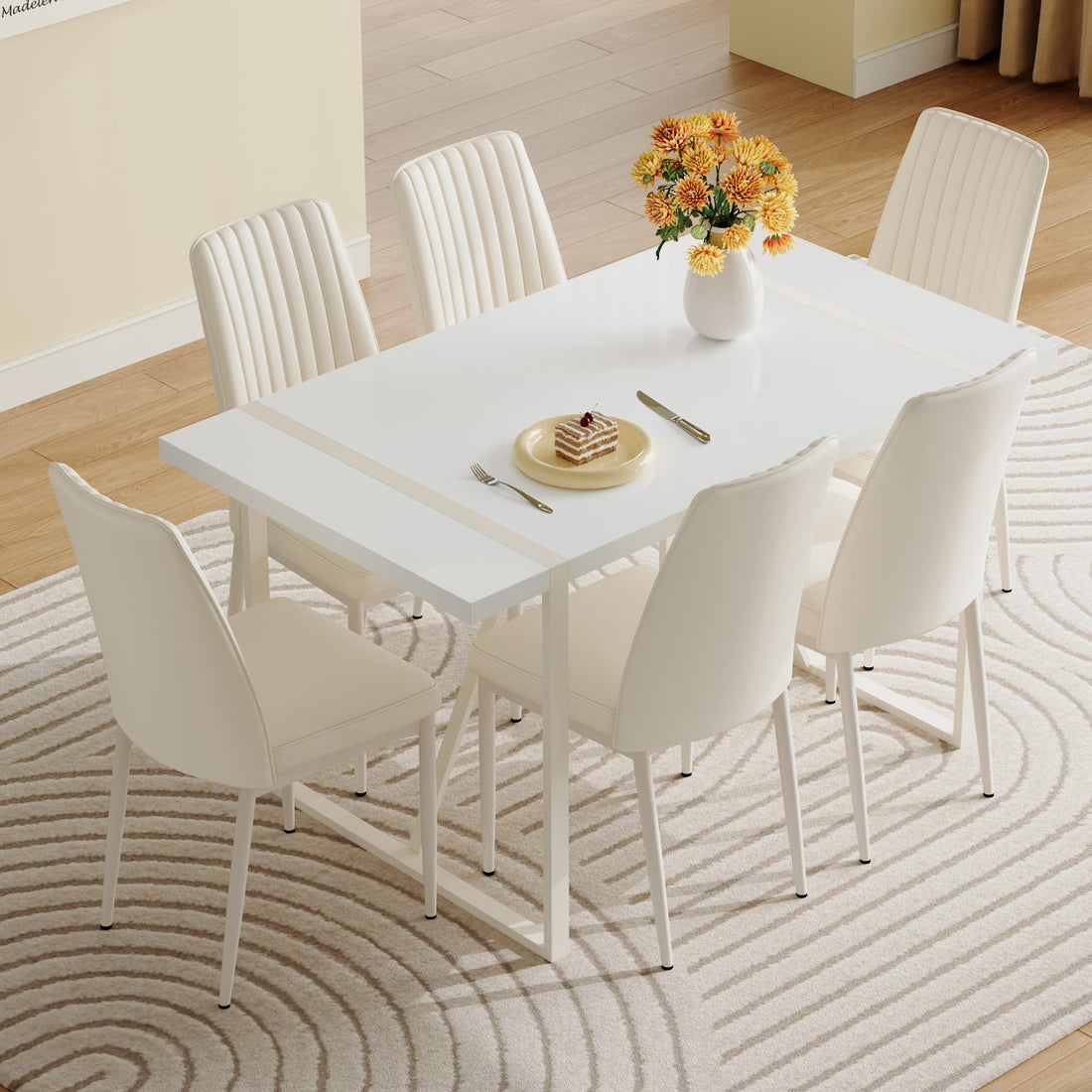 55"X31.5"Cream Style White Mdf Dining Table Set With 6 Armless Chairs.The Backrest Of The Dining Chair Is Designed With Multiple Vertical Stripes.Adding A Warm Atmosphere To Your Family. White Seats