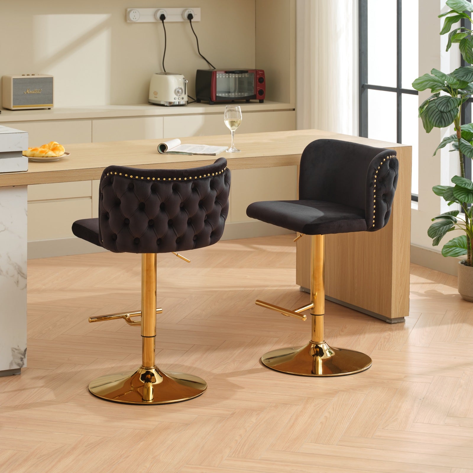 Swivel Barstools Adjusatble Seat Height With Gold Plating Base, Classic Velvet Upholstered Bar Stools With The Whole Back Tufted, For Home Pub And Kitchen Island,Black,Set Of 2 Black American Design Bar Stools Set Of 2 Foam Velvet