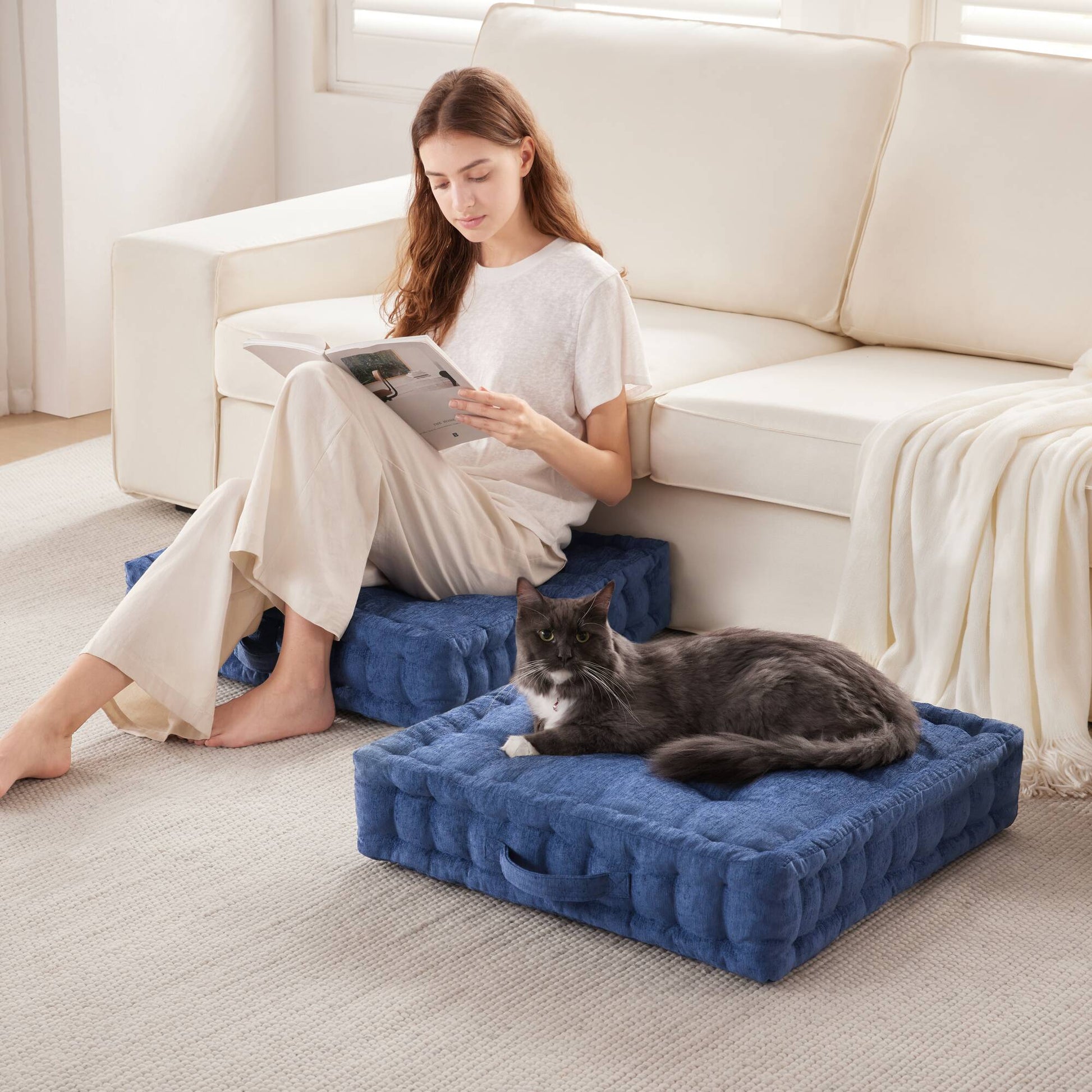 Poly Chenille Square Floor Pillow Cushion 24X24" Navy Blue Polyester