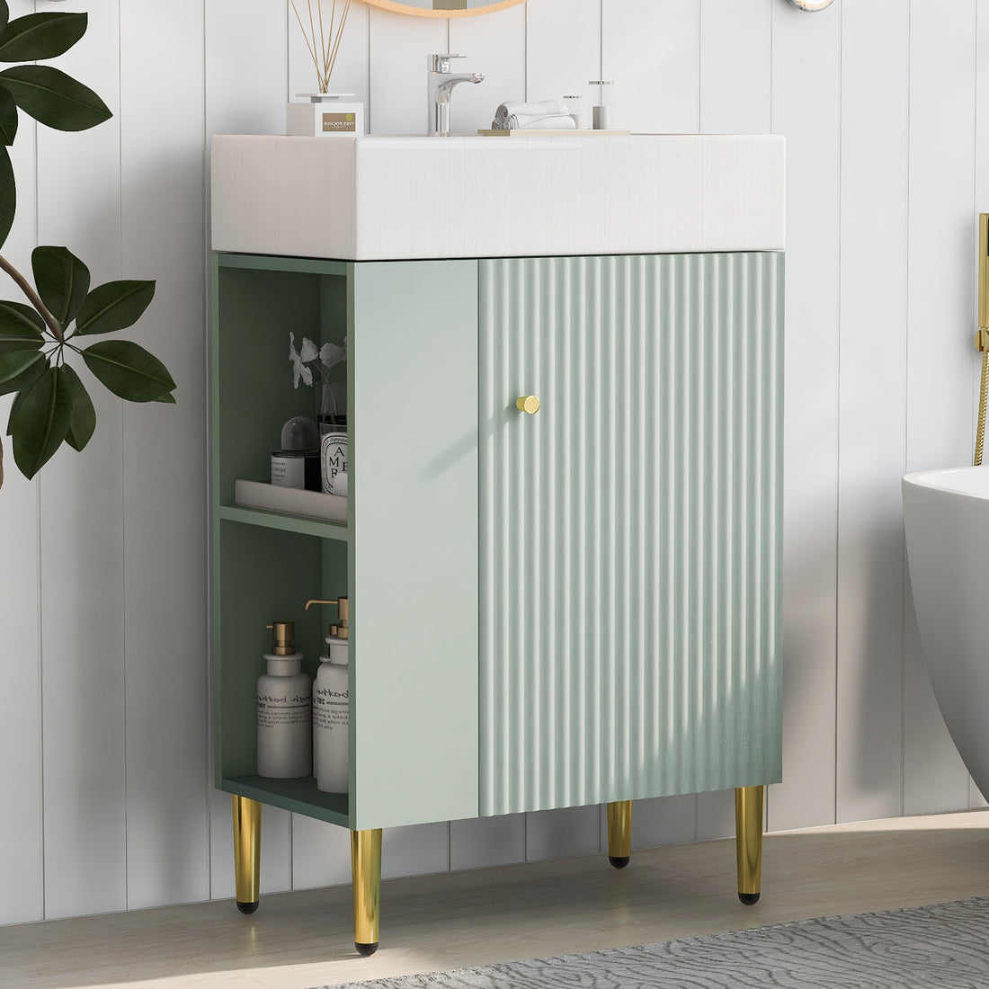 21.6" Green Bathroom Vanity, Combo Cabinet, Bathroom Storage Cabinet, Single Ceramic Sink, Left Side Storage Green Bathroom Ceramic Mdf