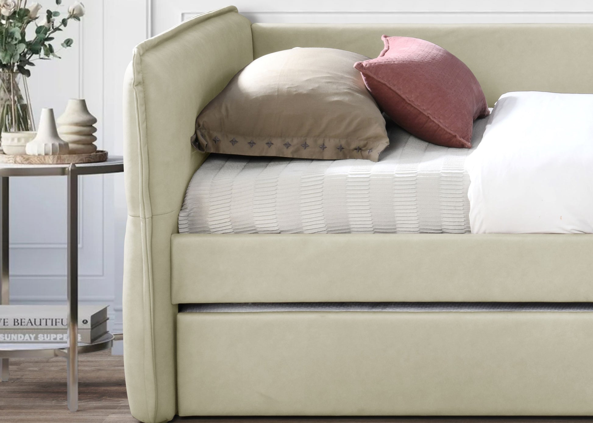 Daybed With A Trundle In Tan Tan Upholstered