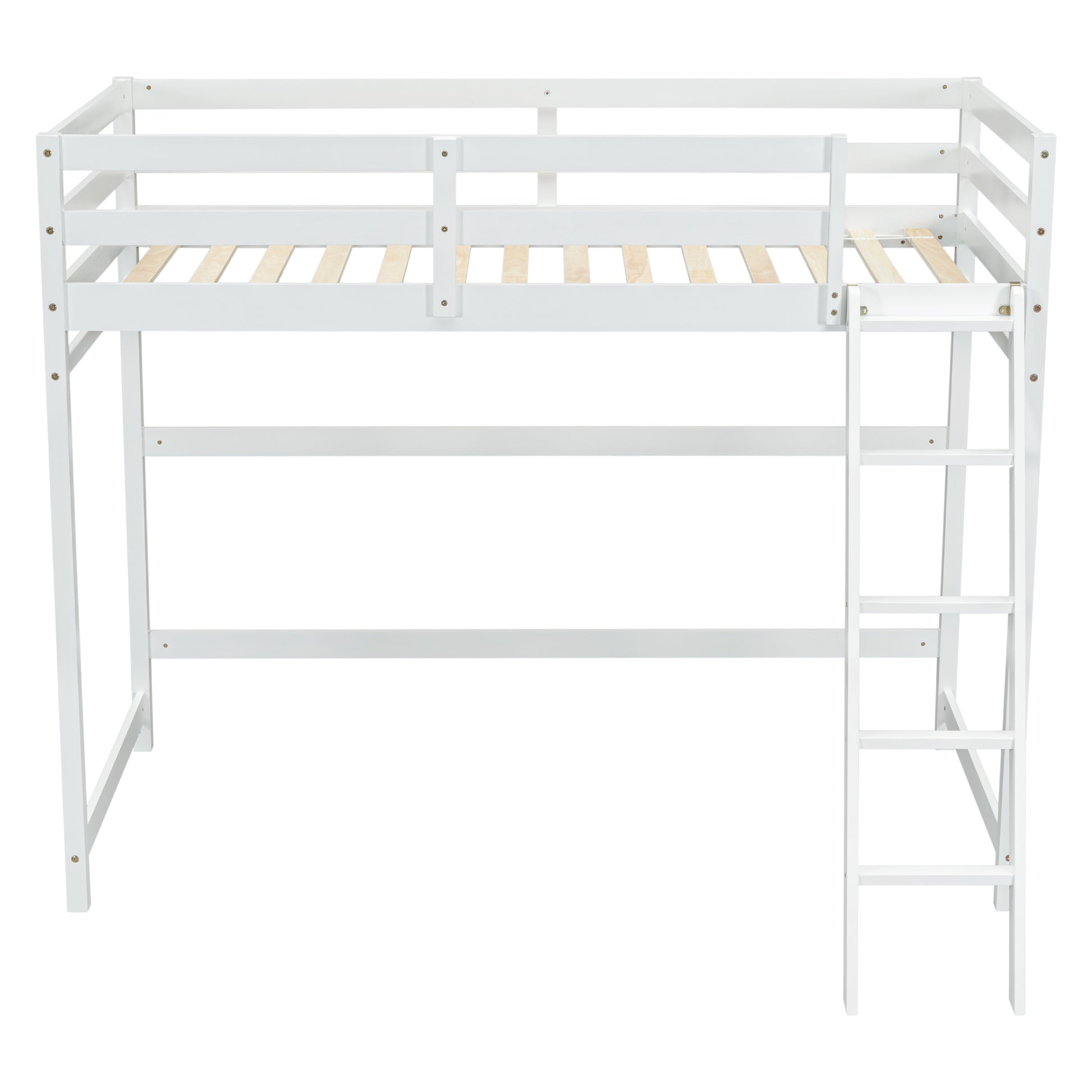 Twin Size High Loft Bed With Inclined Ladder, Guardrails,White Twin White American Design Pine