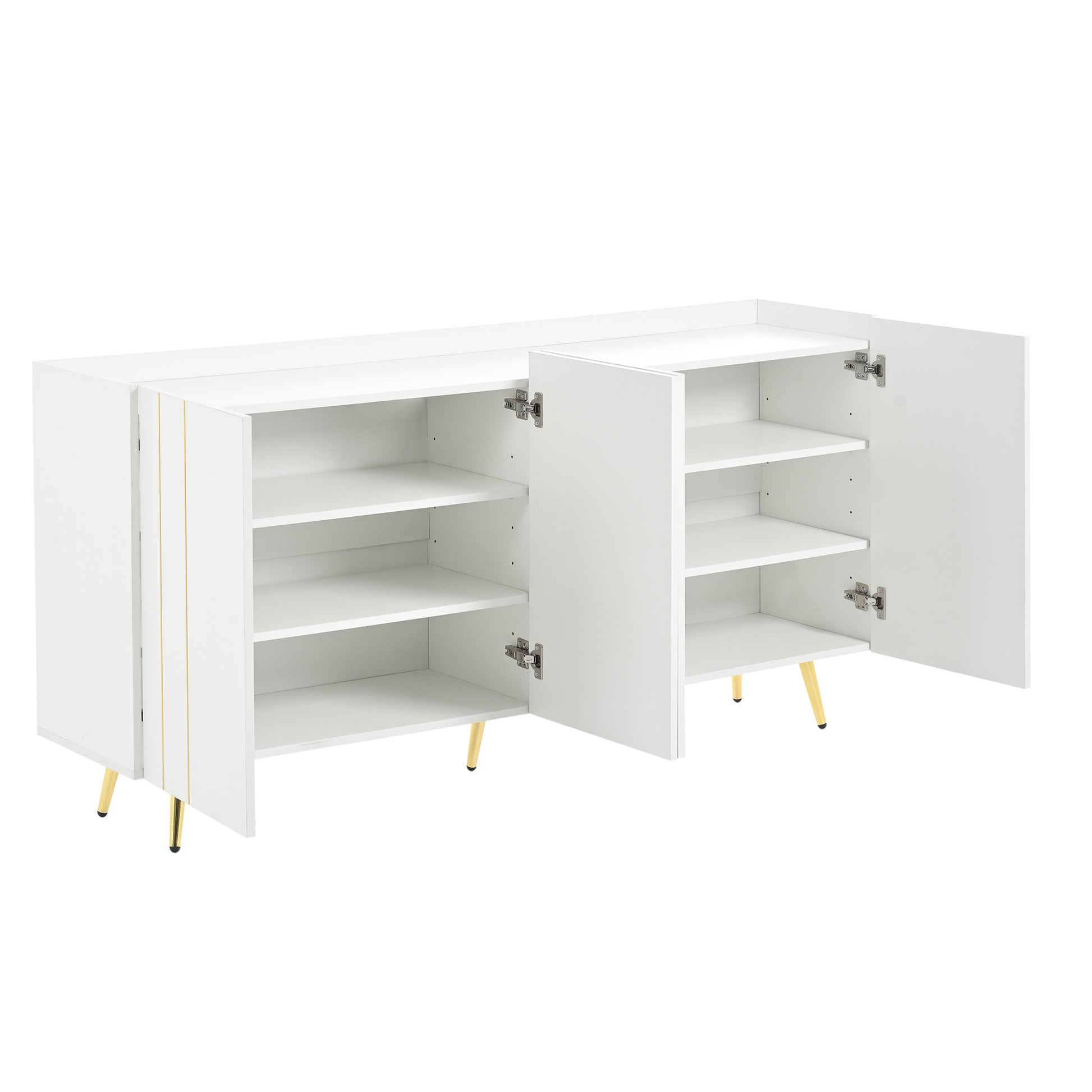 Luxurious Shoe Cabinet With 5 Metal Legs, Modern Tv Stand With 4 Adjustable Shelves For Tvs Up To 70", Minimalist Sideboard Cabinet With Gold Lines Doors For Living Room,62.9"X 31.4",White White