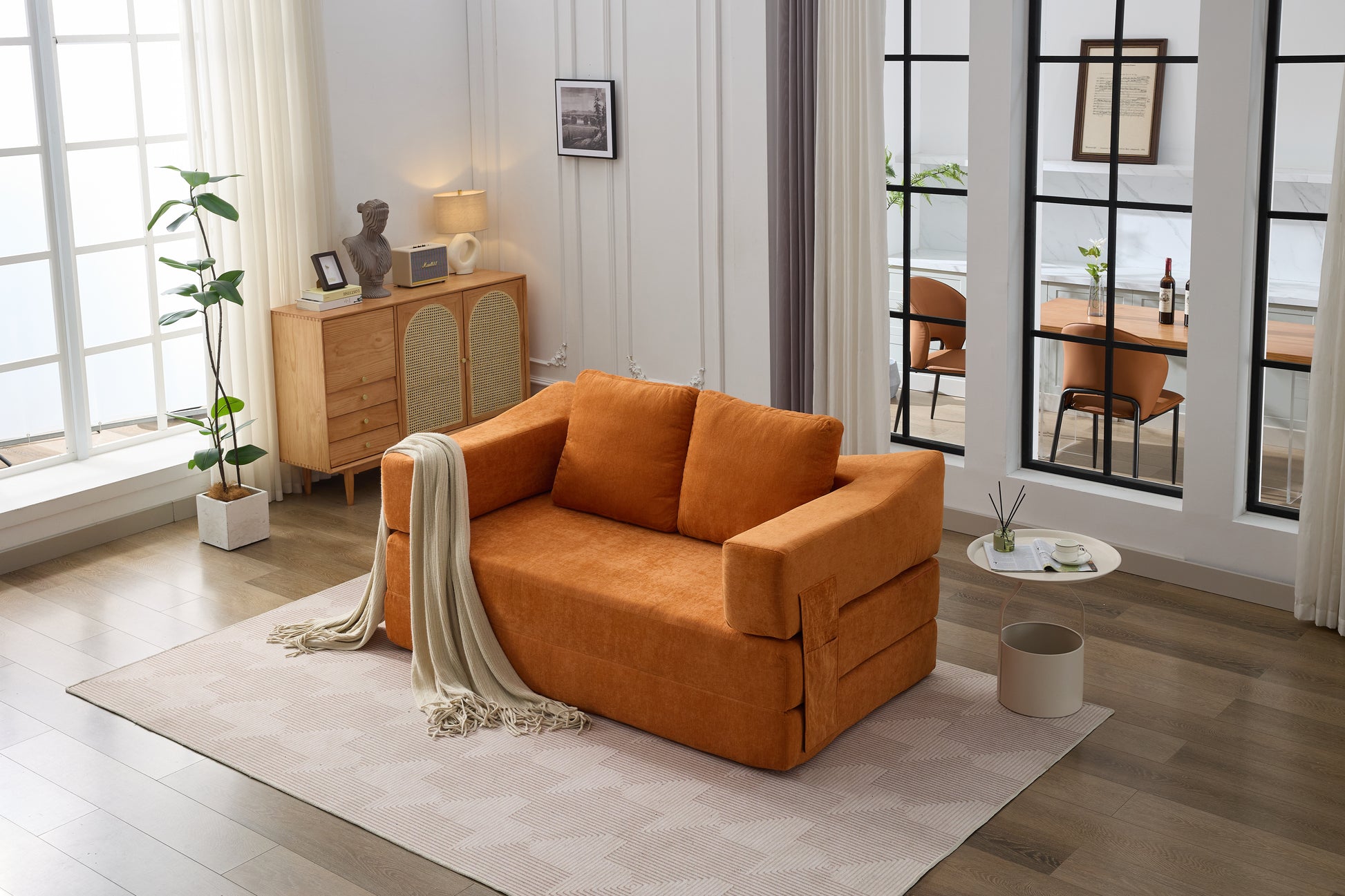 Modern Minimalist Sofa, Fold Out Sofa Bed, Convertible Chair Floor Couch & Sleeping Mattress For Living Room, Bedroom, Apartment, Removable Backrest, Orange Orange Chenille Soft Vintage Chenille 2 Seat