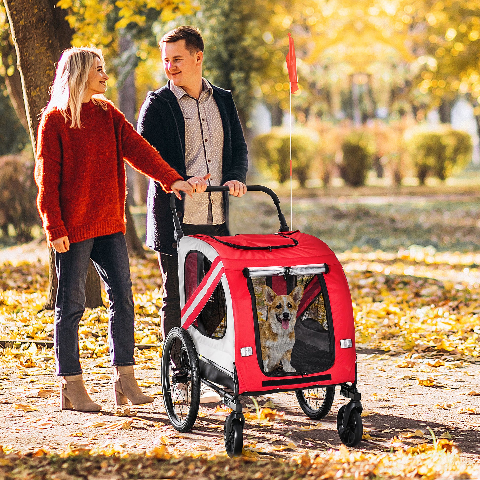 Aosom 2 In 1 Pet Bike Trailer For Small Dogs, Road Visibility Bicycle Stroller, Weather Strong Bike Wagon Trailer Sidecar Attachment, Red Red Steel