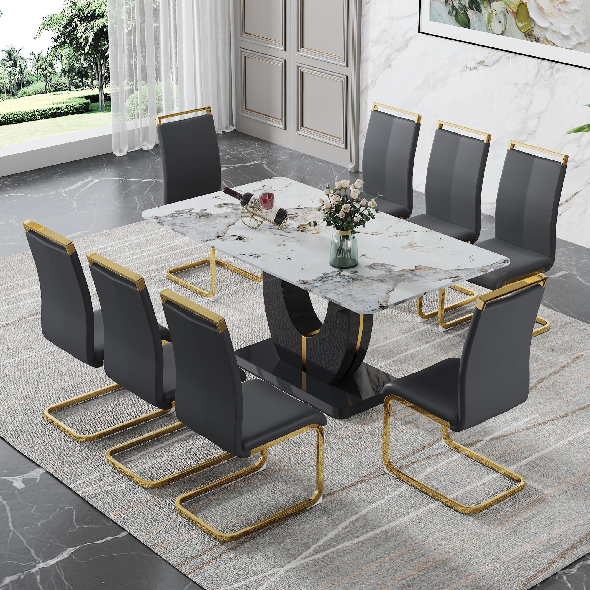 Table And Chair Set, Modern Dining Table, Patterned Table Top And Black Mdf Table Leg, Soft And Comfortable Dining Chair, Perfect For Dinner, Meetings, Home And Office Decor Black Grey Mdf Glass