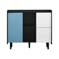 Sideboard Buffet Cabinet, Black Storage Cabinet With Red Doors2 Drawers With Unique Panel Styling And 2 Open Storage Compartment, Modern Coffee Bar Cabinet Accent Cabinet For Kitchen, Dining Room Black Blue Mdf