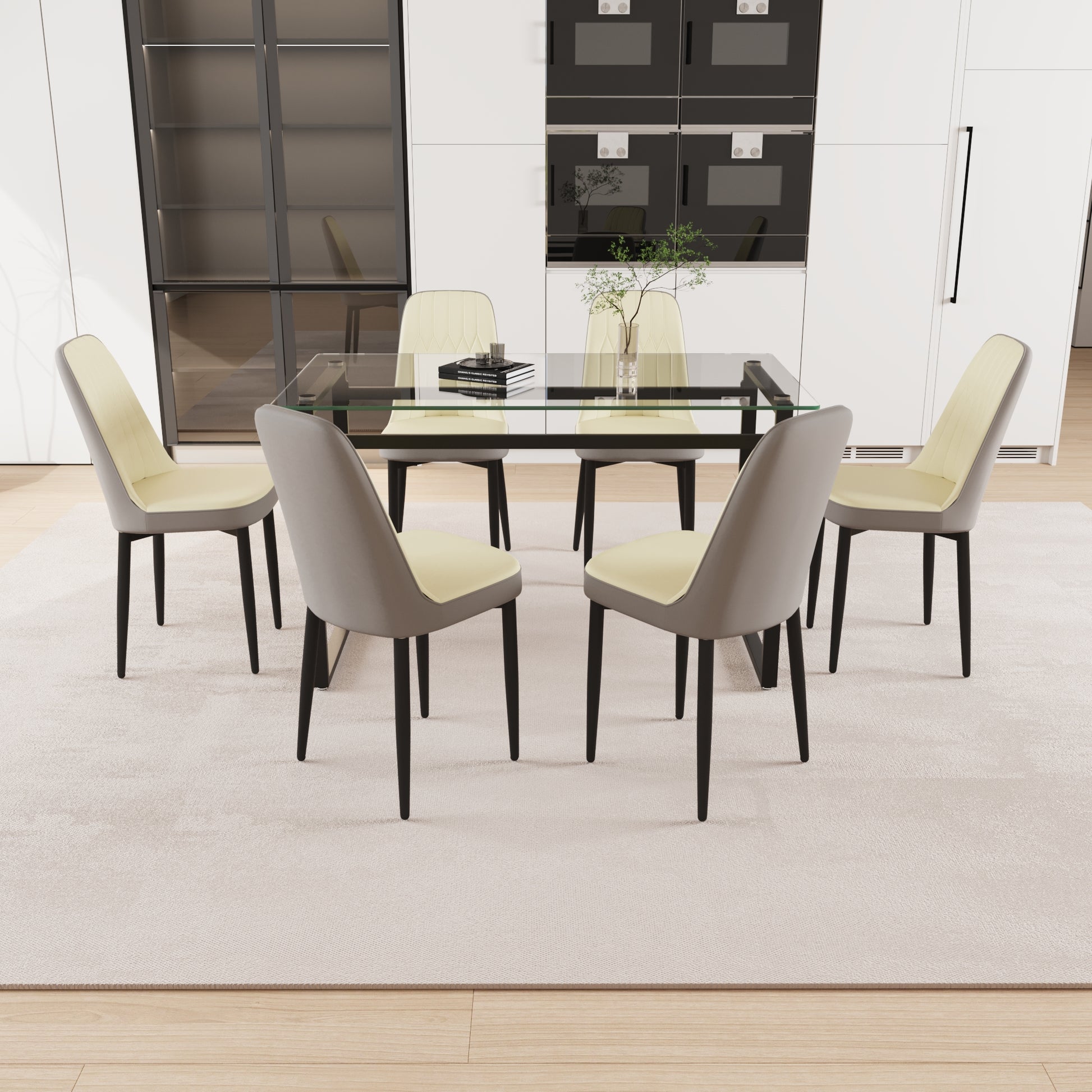 51" 6 Person Glass Dining Table Set, Kitchen Set With Black Metal Leg Dining Table And Chairs, Modern Rectangular Tempered Glass Tabletop And Dining Room Thick Cushioned Pu Dining Chairs Beige Black