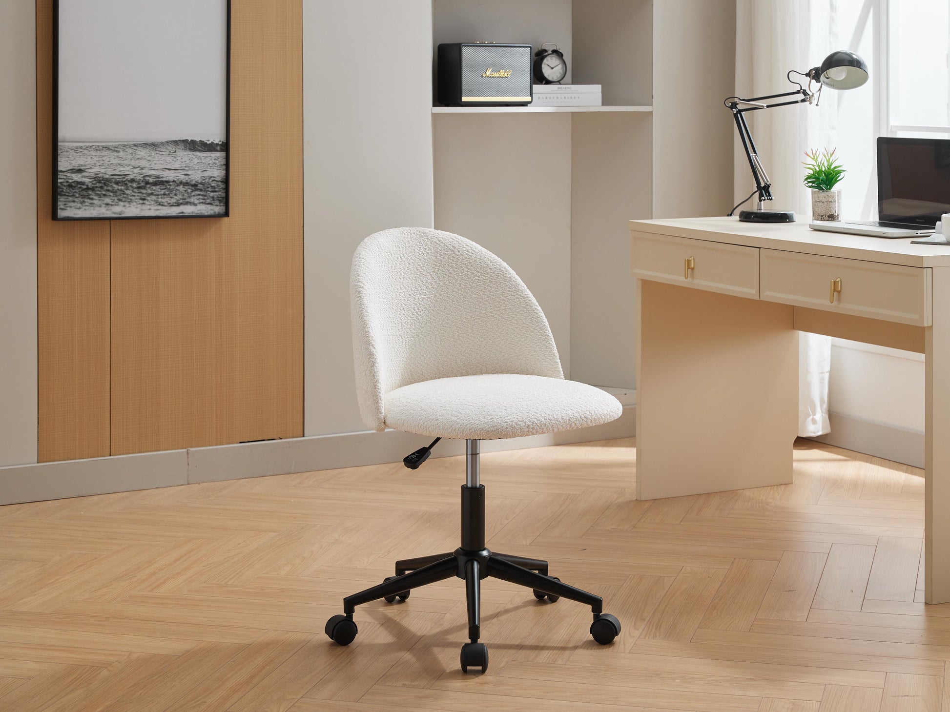 White Boucle Office Chair Desk Chair, Mid Back Adjustable Swivel Computer Chair With Black Legsmodern Upholstered Desk Chair With Wheels White Black Foam Polyester Blend