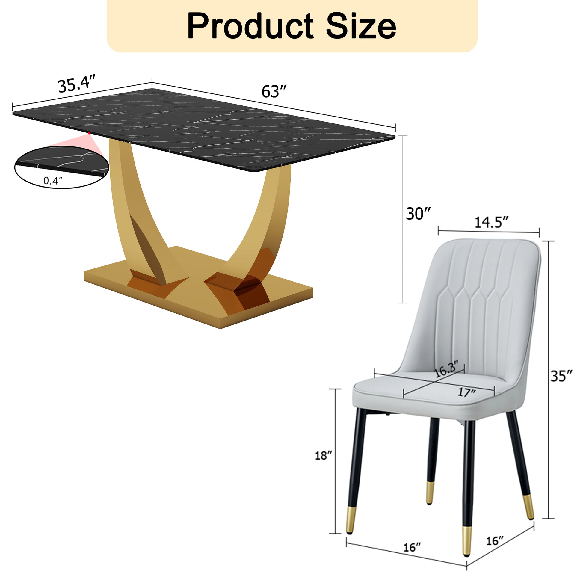 Table And Chair Set.Modern Rectangular Dining Table With Black Textured Stickers Glass Tabletop And Gold Plated Metal Legs.Paried With 4 Comfortable Chairs With Pu Seats And Black Metal Legs. Black Gold,Light Gray Seats 4 Glass Metal