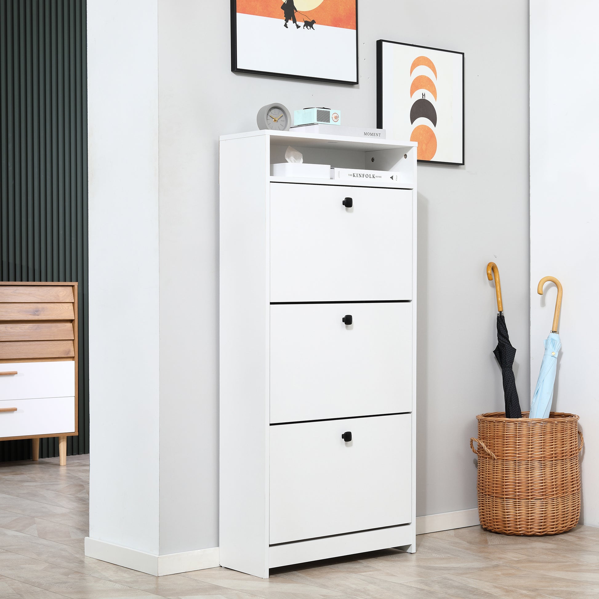 Homcom Slim Shoe Cabinet, Trendy Shoe Storage Cabinet With 3 Large Fold Out Drawers & A Spacious Top Surface For Small Items, White White Particle Board