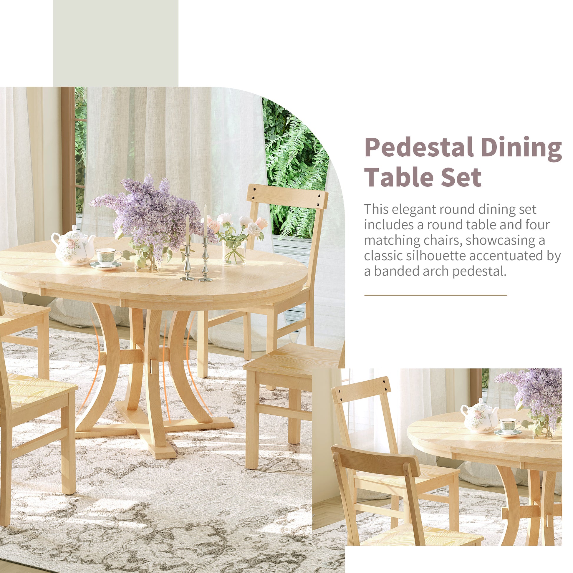 5 Piece Rustic Round Pedestal Extendable Dining Table Set With 15.7" Removable Leaf And Simple Dining Chirs For Small Places, Natural Wood Dining Room Extendable Rubberwood Oval Dining Table With Chair Wood Wood Natural Seats 4 Removable Leaf Farmhouse