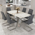 Table And Chair Set.Modern Luxurious White Marble Patterned Tempered Glass Dining Table With 6 Chairs.Single Fork Silver Metal Table Legs.Dark Gray Pu Dining Chairs With Silver Metal Legs. Dark