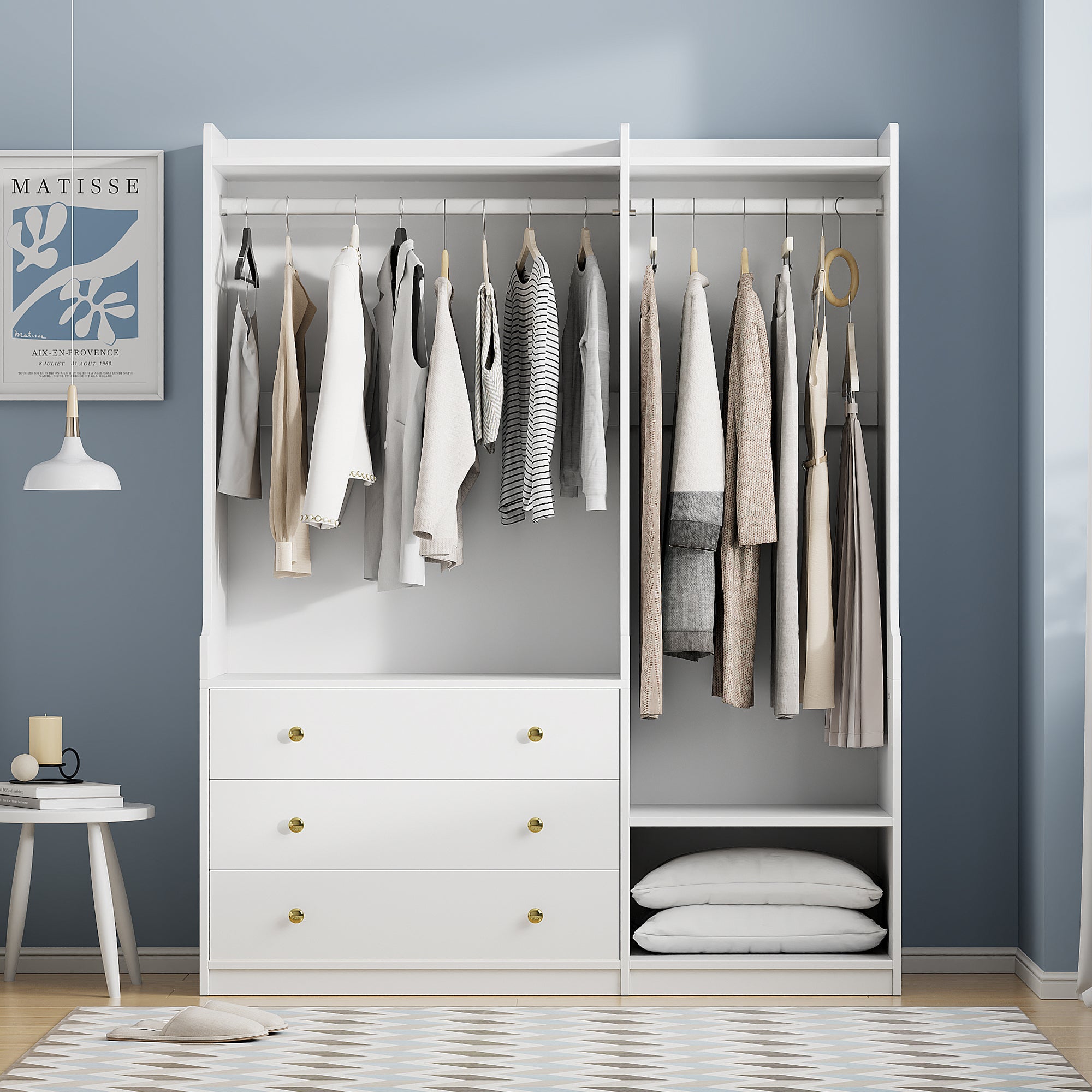 Open Wooden Wardrobe Storage For Bedroom, White White Particle Board