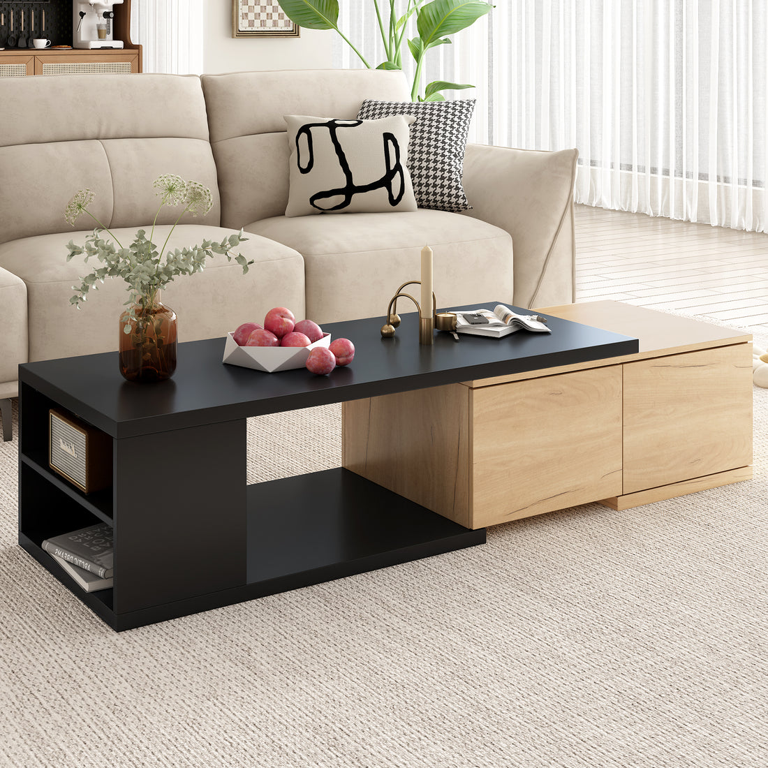 47.2'' 57''W Extendable Coffee Table With 2 Storage Drawers, Dual Tone Wood Center Table With Extendable Sliding Tabletop, Multi Functional Hidden Storage Sofa Table For Living Room, Black Black Primary Living Space Drawers Rectangular Particle Board Mdf