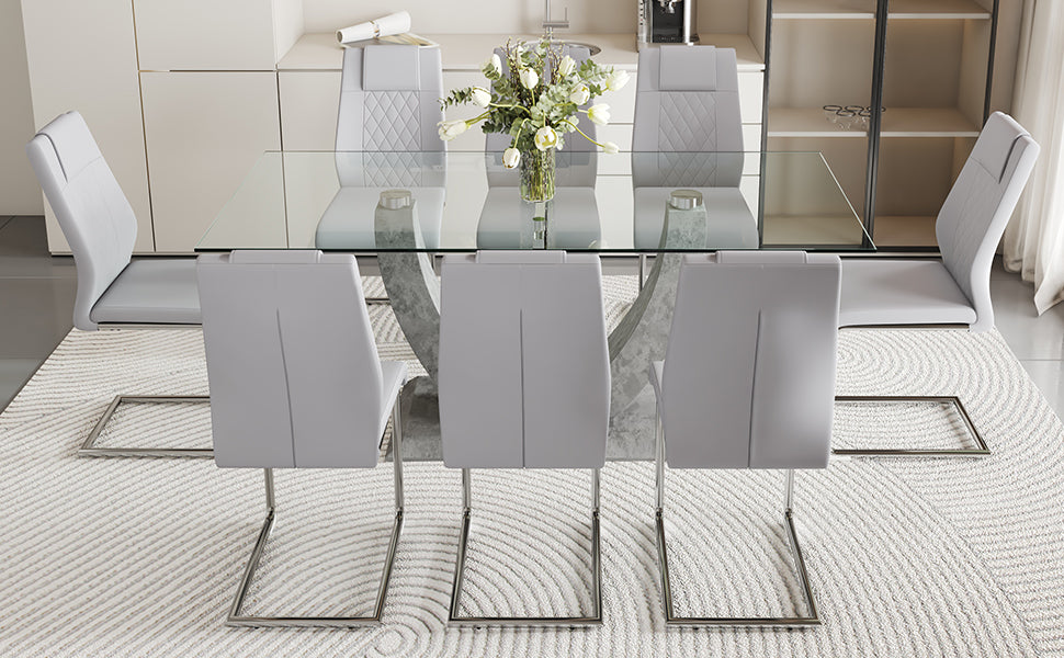 Table And Chair Set, Large Modern Rectangular Glass Table, Can Accommodate 6 8 People, Equipped With A 0.39 Inch Tempered Glass Tabletop And Large Mdf Table Legs, Comfortable And Soft Chairs. Transparent Mdf Glass