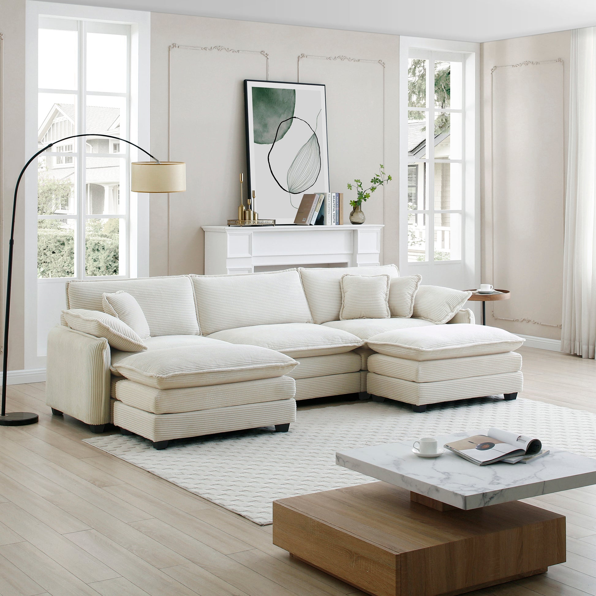 Oversized Modular Cushioned Sofa With Conversible Ottoman, 3 Seater Sofa With 2 Footstools, U Shape Sofa In Beige Corduroy Fabric Beige Corduroy 3 Seat