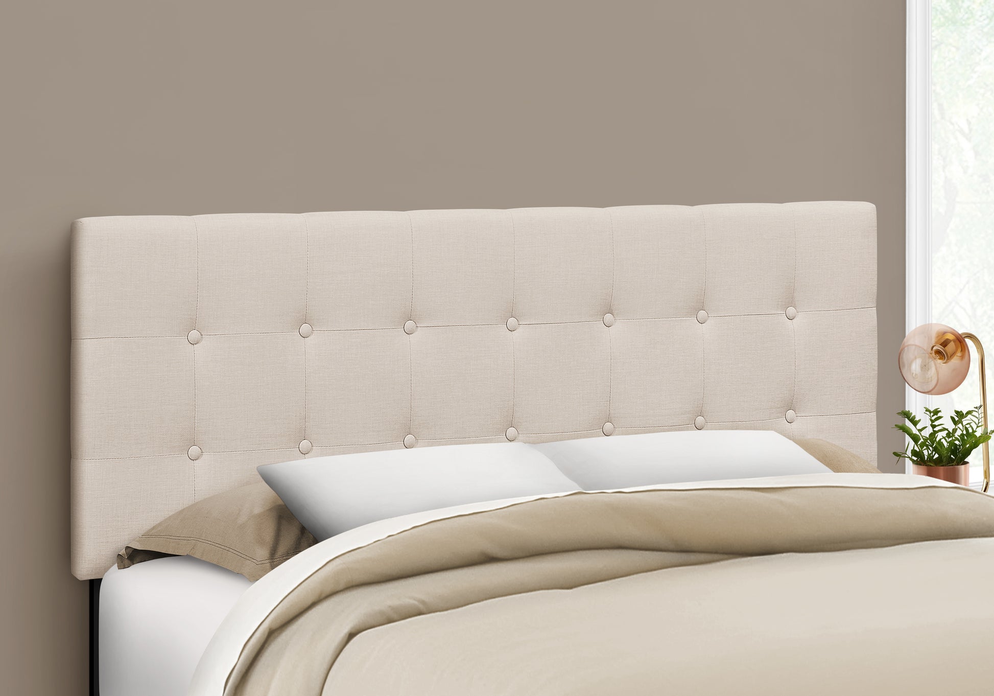 Bed, Headboard Only, Queen Size, Bedroom, Upholstered, Beige Linen Look, Transitional Beige Foam Solid Wood Mdf