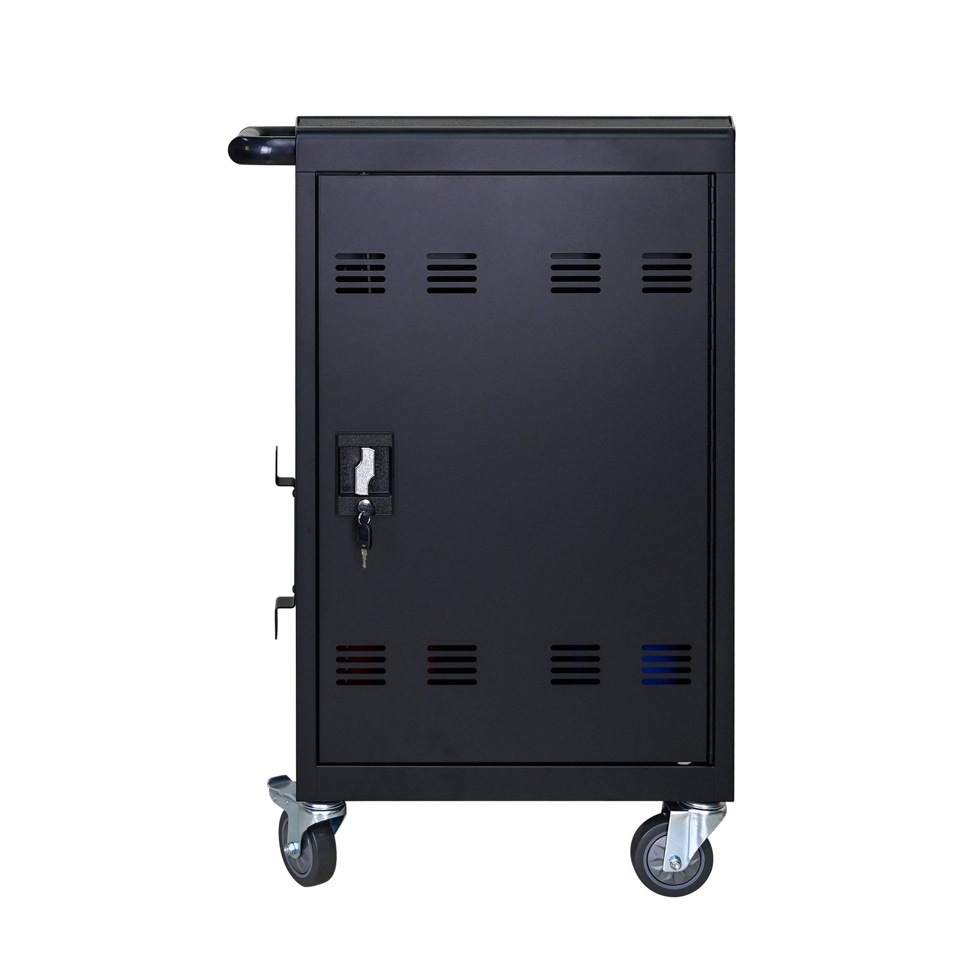 Tablet Laptop 32 Bit Plastic Device Basket Device For Mobile Charging Trolley Includes Cable Management Dividers, Cable Clips, Storage Compartment, And Removable Doors Black Matt Black Steel Metal