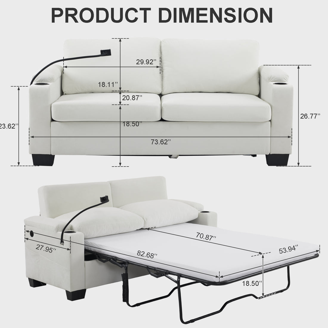 73.63*27.96 Pull Out Sofa Bed, Chenille Material, Pull Out Queen Sofa Bed With Memory Foam Mattress, For Living Room, Bedroom, Office, Apartment, White White Minimalist Chenille,Metal & Wood