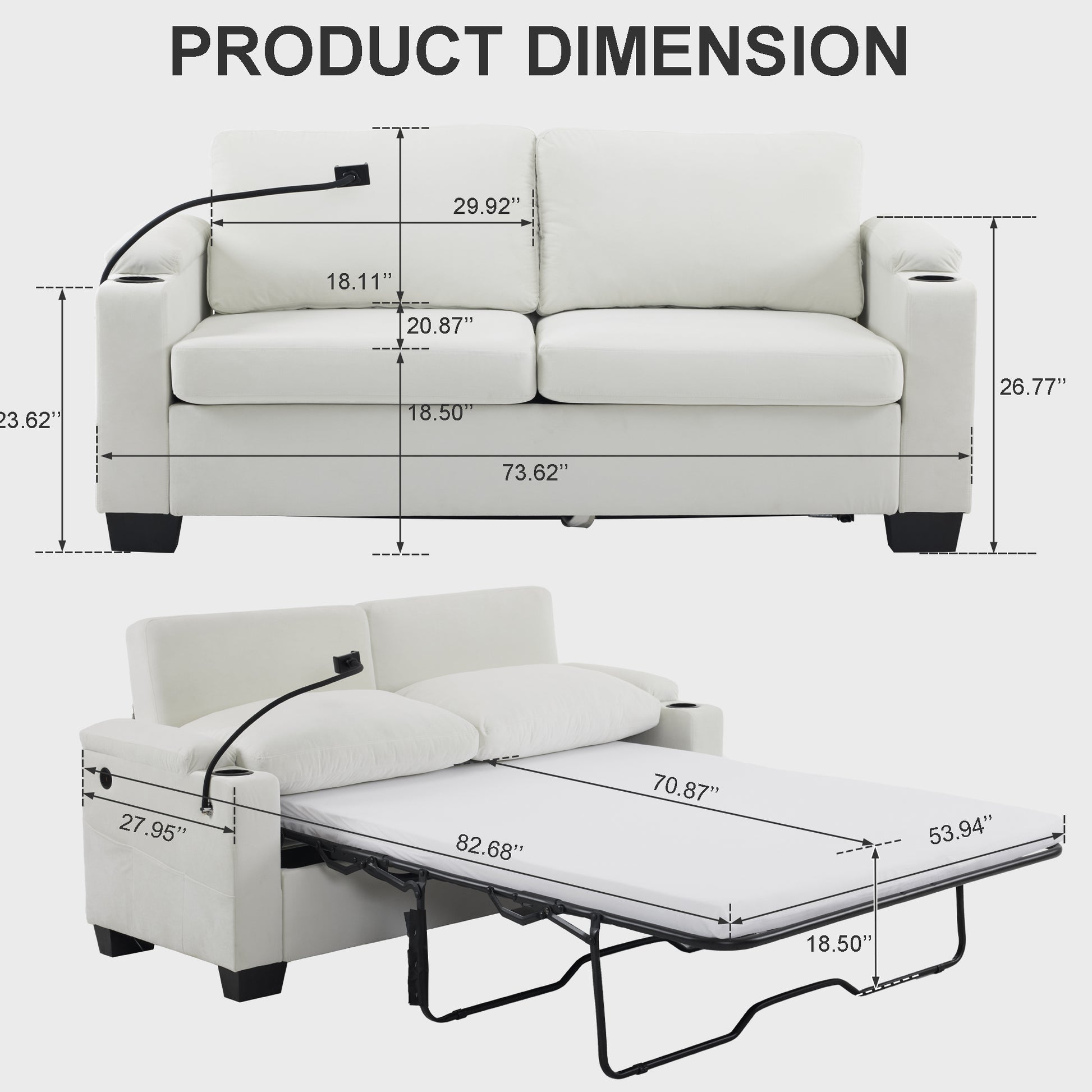 73.63*27.96 Pull Out Sofa Bed, Chenille Material, Pull Out Queen Sofa Bed With Memory Foam Mattress, For Living Room, Bedroom, Office, Apartment, White White Minimalist Chenille,Metal & Wood