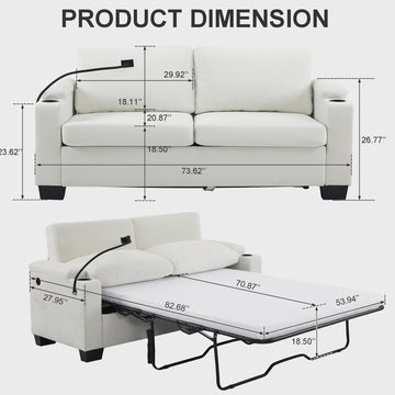 73.63*27.96 Pull Out Sofa Bed, Chenille Material, Pull Out Queen Sofa Bed With Memory Foam Mattress, For Living Room, Bedroom, Office, Apartment, White White Minimalist Chenille,Metal & Wood