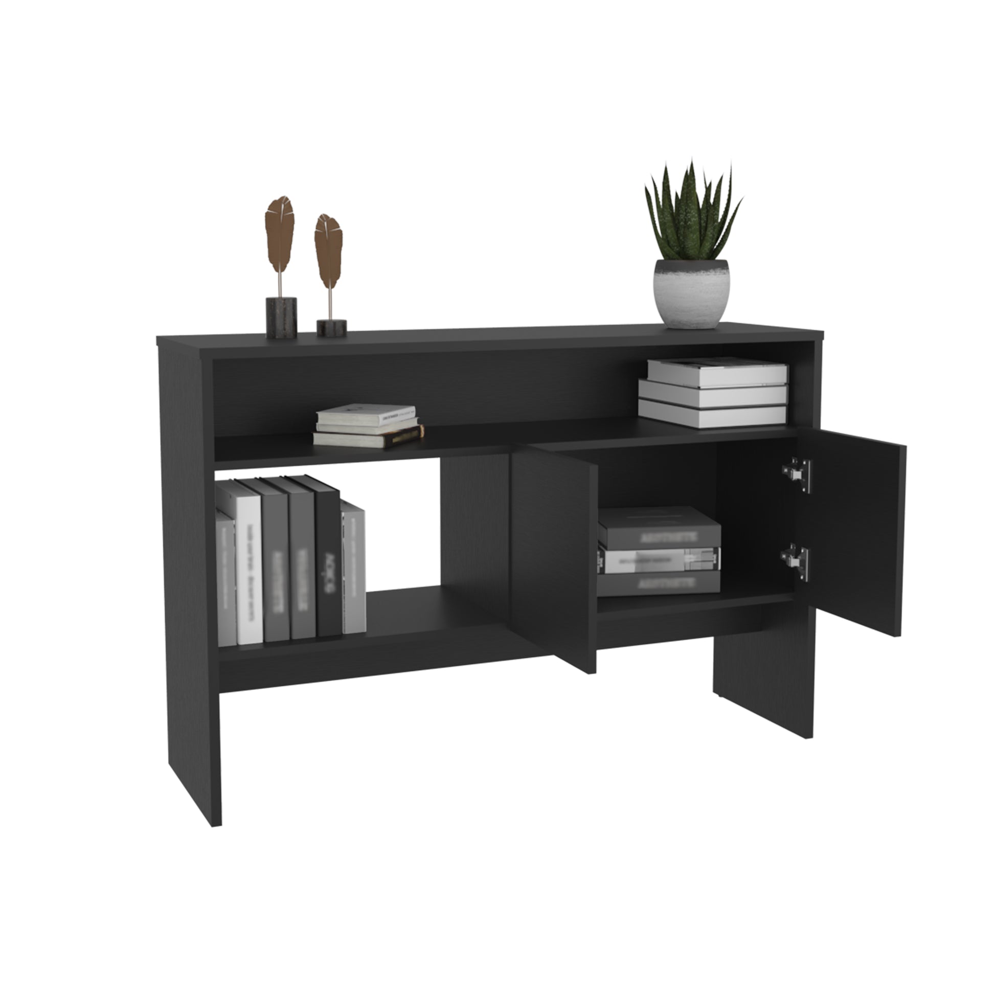 Bellagio 48.7" Wide 2 Tier Narrow Bellagio Console Table With Double Door Cabinet 2 Or Less Black Bathroom Modern Particle Board