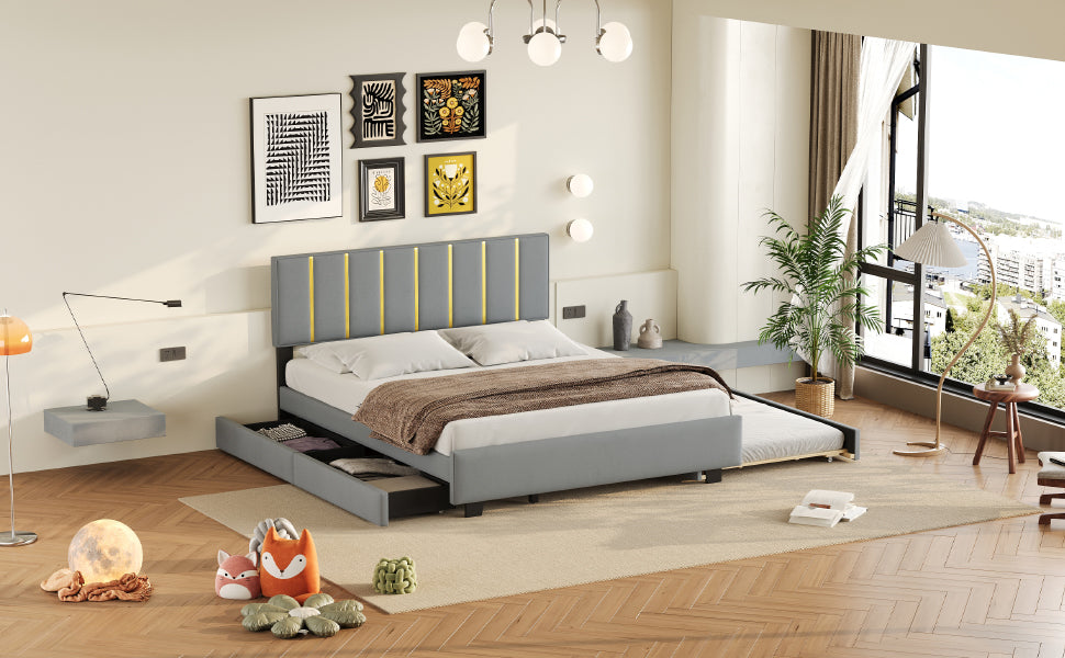 Queen Size Upholstered Platform Bed With 2 Drawers And 1 Trundle, Classic Metal Strip Headboard Design, Grey Queen Gray Mdf Lvl