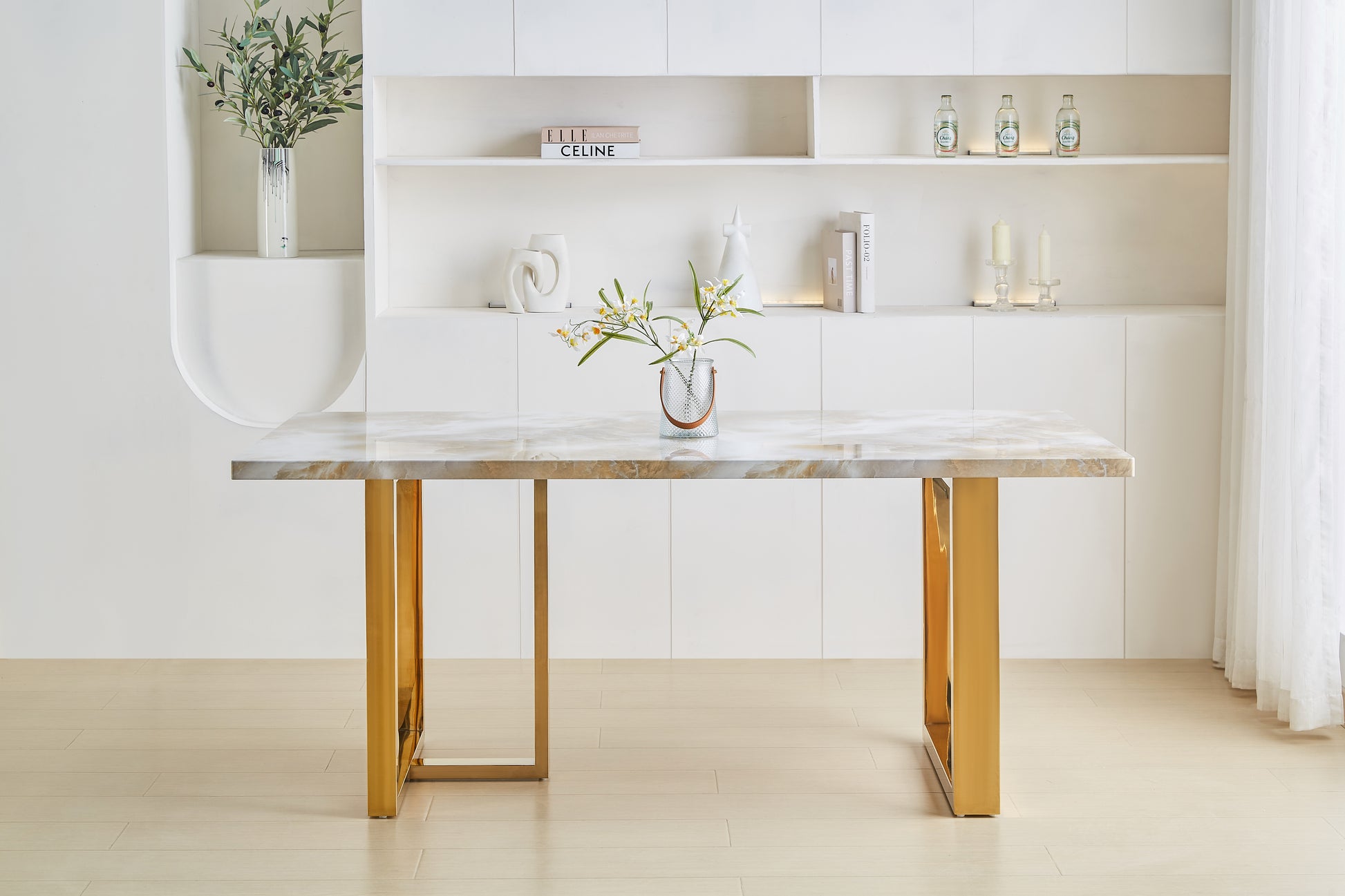 Luxurious Faux Marble Mdf Dinning Table For 6 Or 8, Rectangular 70.9"L*35.4"W*29.8"H, Thick And Solid Stainless Steel Legs, Durable Sturdy, Easy To Assemble, For Kitchen Living Room Office, White White Gold Ergonomic Kitchen