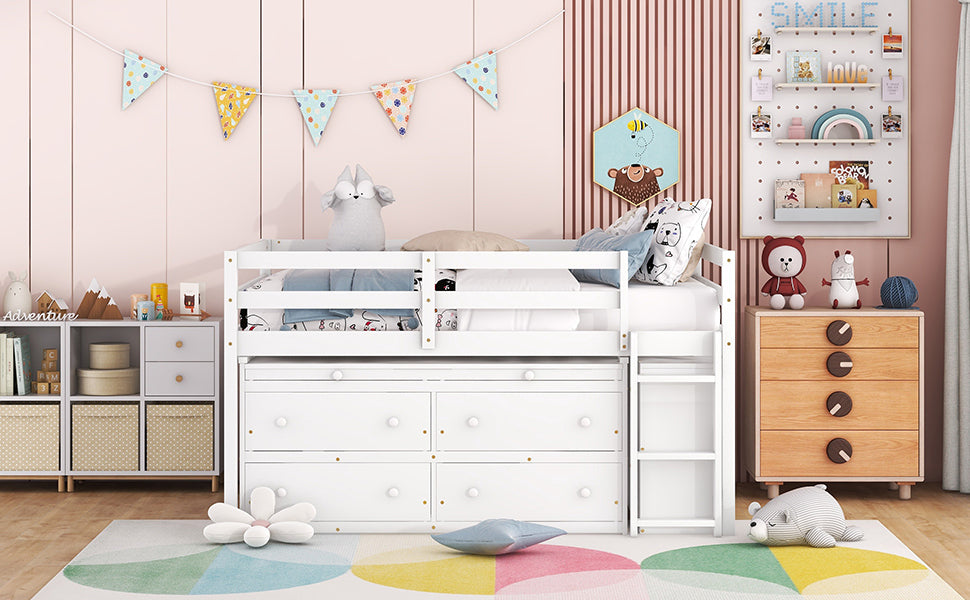 Full Size Loft Bed With Retractable Writing Desk And 4 Drawers, Wooden Loft Bed With Lateral Portable Desk And Shelves, White Full White Solid Wood Mdf