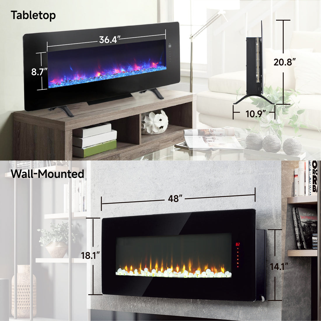 48 Inch Curved Front Wall Mounted Electric Fireplace With Remote And Multi Color Flame & Emberbed Powder Coated Electric Antique Black Vent Free Primary Living Space Yes Wall Mount Tempered Glass Sheet Metal Electric