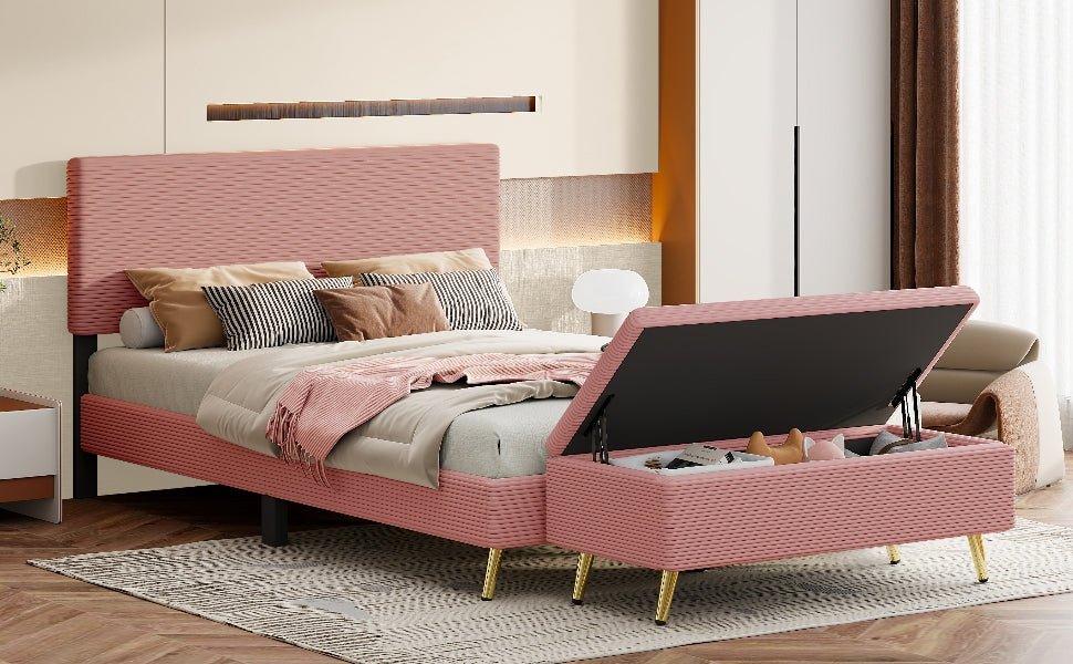 2 Pieces Bedroom Sets Queen Size Upholstered Bed Frame, Modern Corduroy Storage Ottoman,Pink Queen Pink 2 Piece Set Solid Wood Mdf