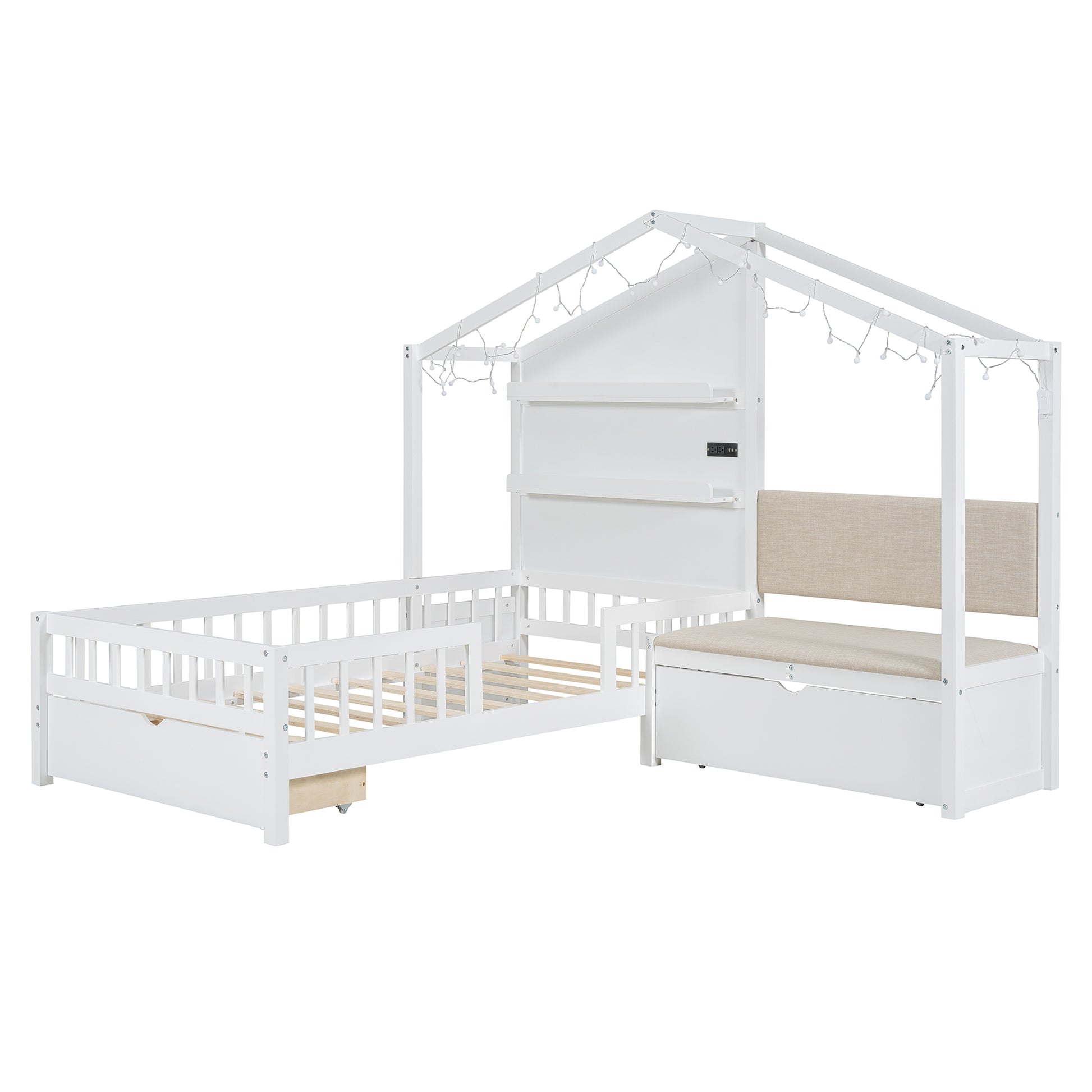 Twin Size House Bed With Upholstered Sofa, House Bed With Charging Station, Wireless Charging, Shelves And Two Drawers, White Twin White Solid Wood Mdf