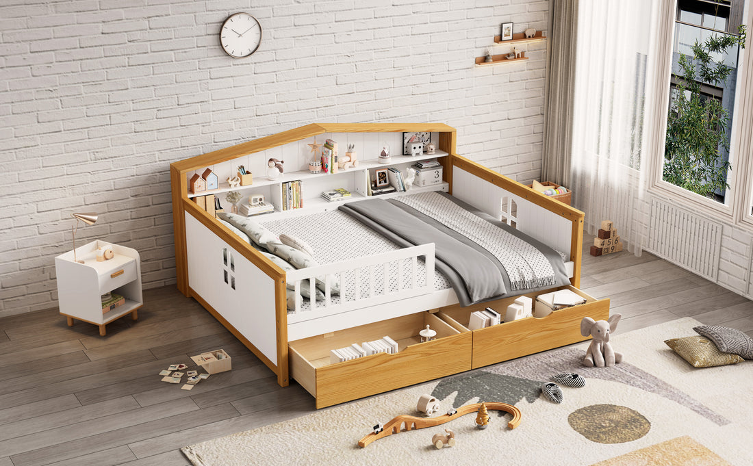 Full Size House Shape Daybed With Two Drawers And Bookcase Headboard Wooden Bed For Girls Boys Teens, No Box Spring Needed, Walnut And White Box Spring Not Required Full White Walnut Wood Bedroom Cute Pine Bed Frame Wood