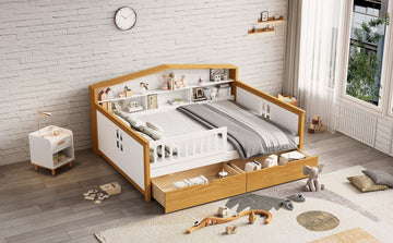 Full Size House Shape Daybed With Two Drawers And Bookcase Headboard Wooden Bed For Girls Boys Teens, No Box Spring Needed, Walnut And White Box Spring Not Required Full White Walnut Wood Bedroom Cute Pine Bed Frame Wood