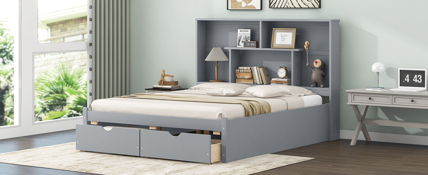 Queen Size Platform Bed With Storage Headboard And 2 Drawers, Gray Box Spring Not Required Queen Gray Wood Bedroom Bed Frame Solid Wood Mdf