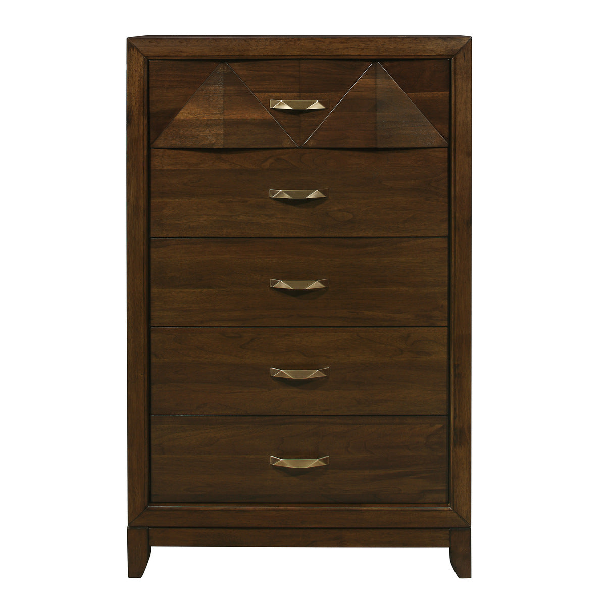 Modern Bedroom Walnut Finish 1Pc Chest Of 5 Drawers Decorative Angled Front Satin Brass Tone Handles Wooden Furniture Walnut Contemporary,Modern Wood